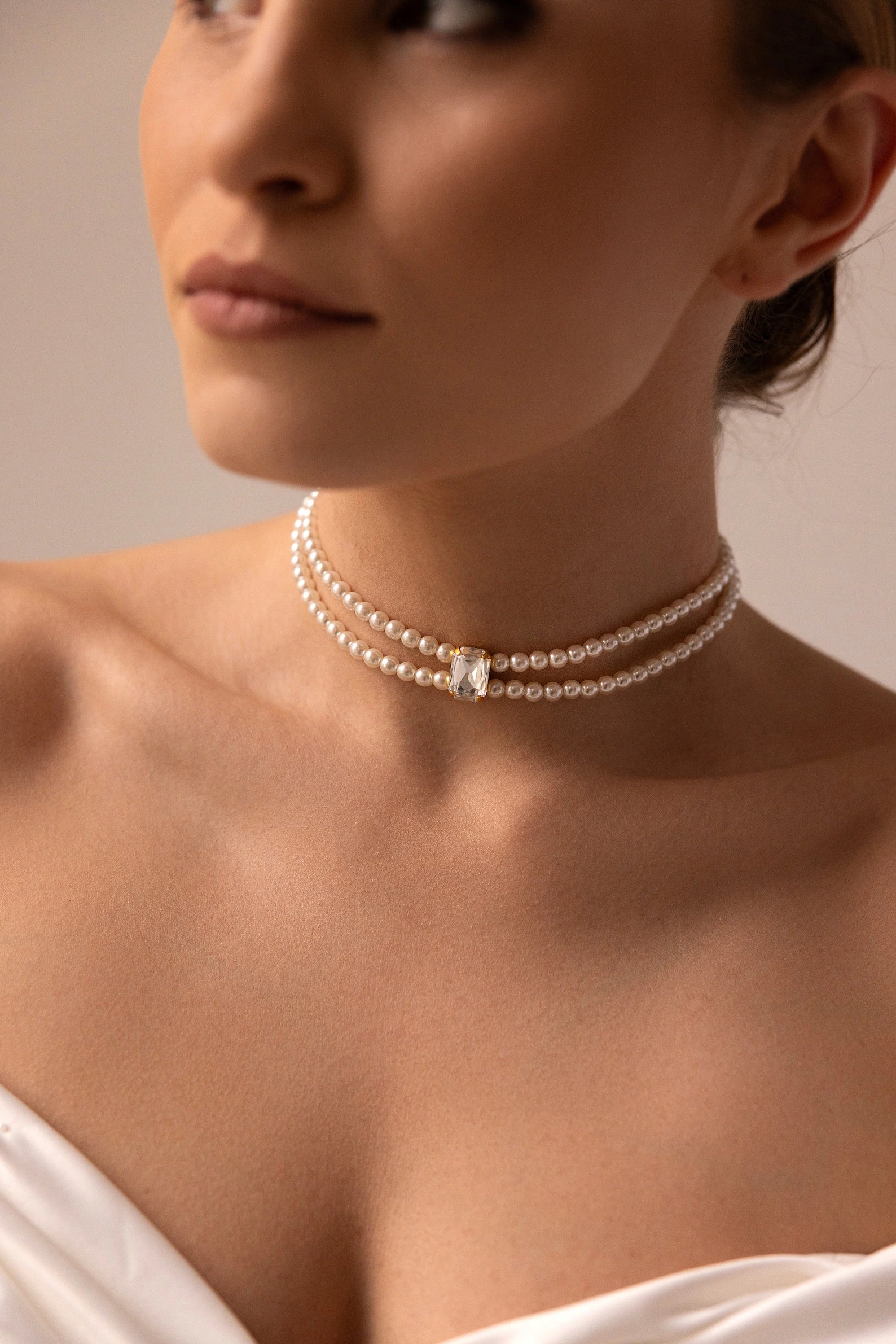 Double strand pearl bridal choker necklace with emerald cut crystal detail