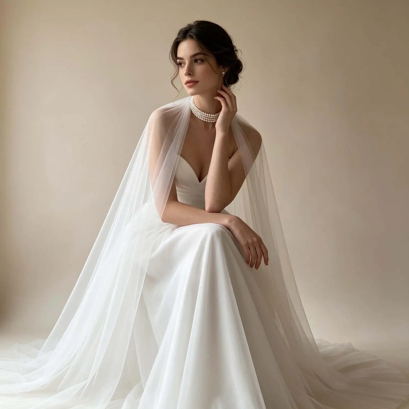Unique bridal choker necklace with a pleated tulle cape attachment
