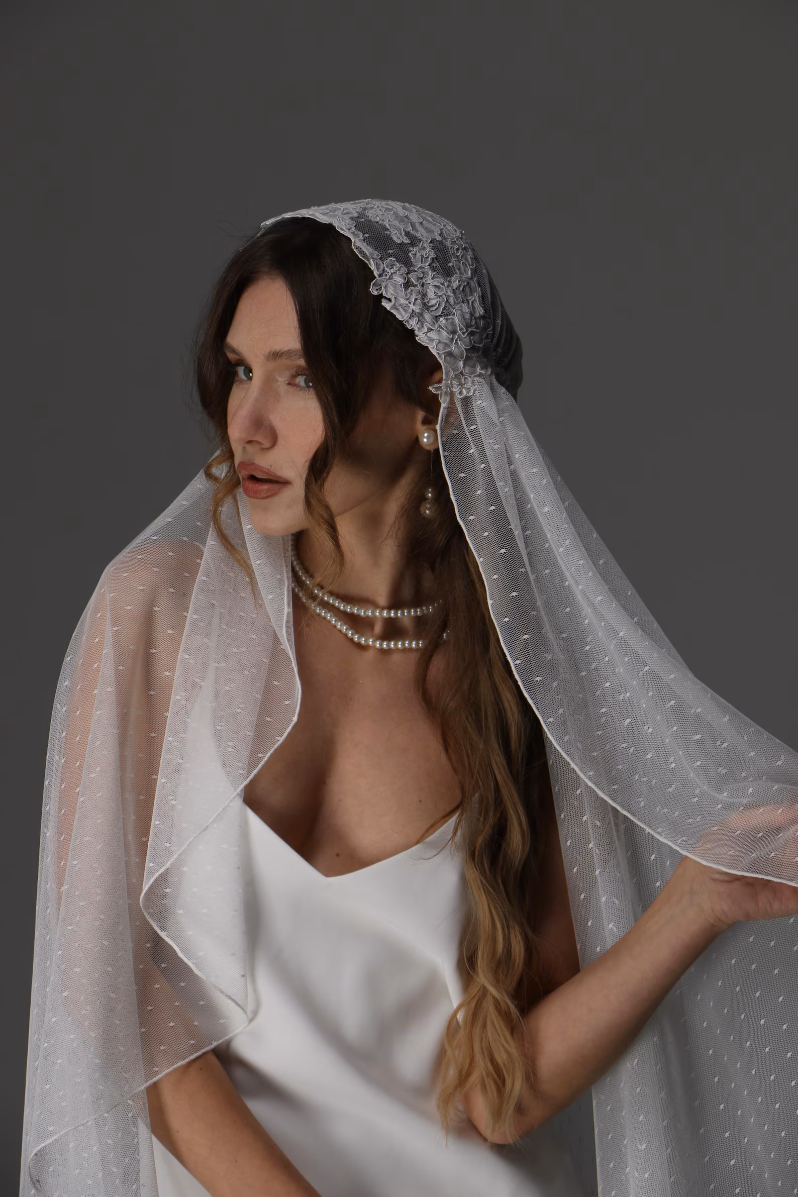 Ivory dotted tulle juliet cap veil with customizable length