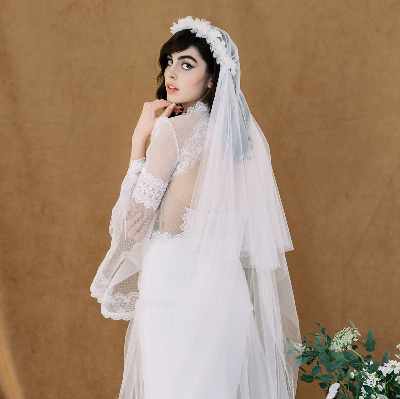 Juliet cap veil with silk flower crown for 1970s look