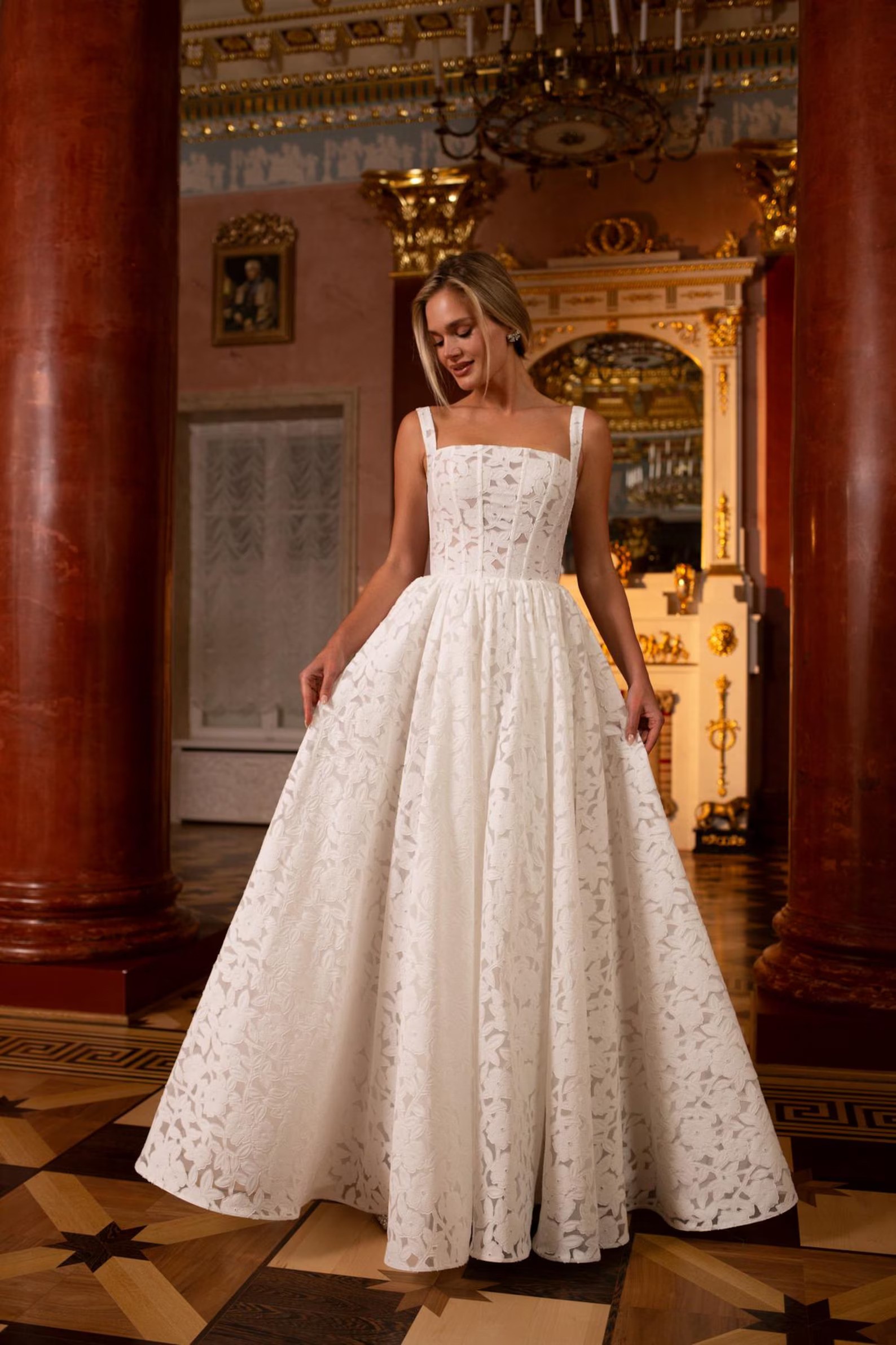 Modern lace wedding dress with square neckline and corset bodice with boning