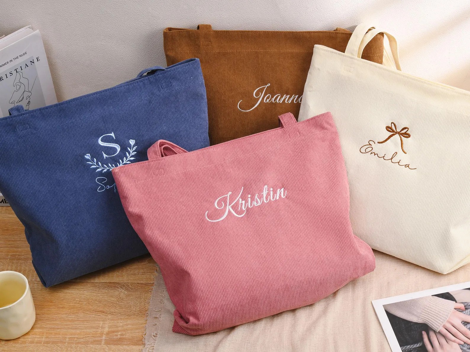 Personalized corduroy tote bag for wedding gift