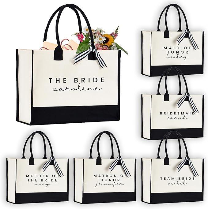Personalized black and white tote bag for wedding gift