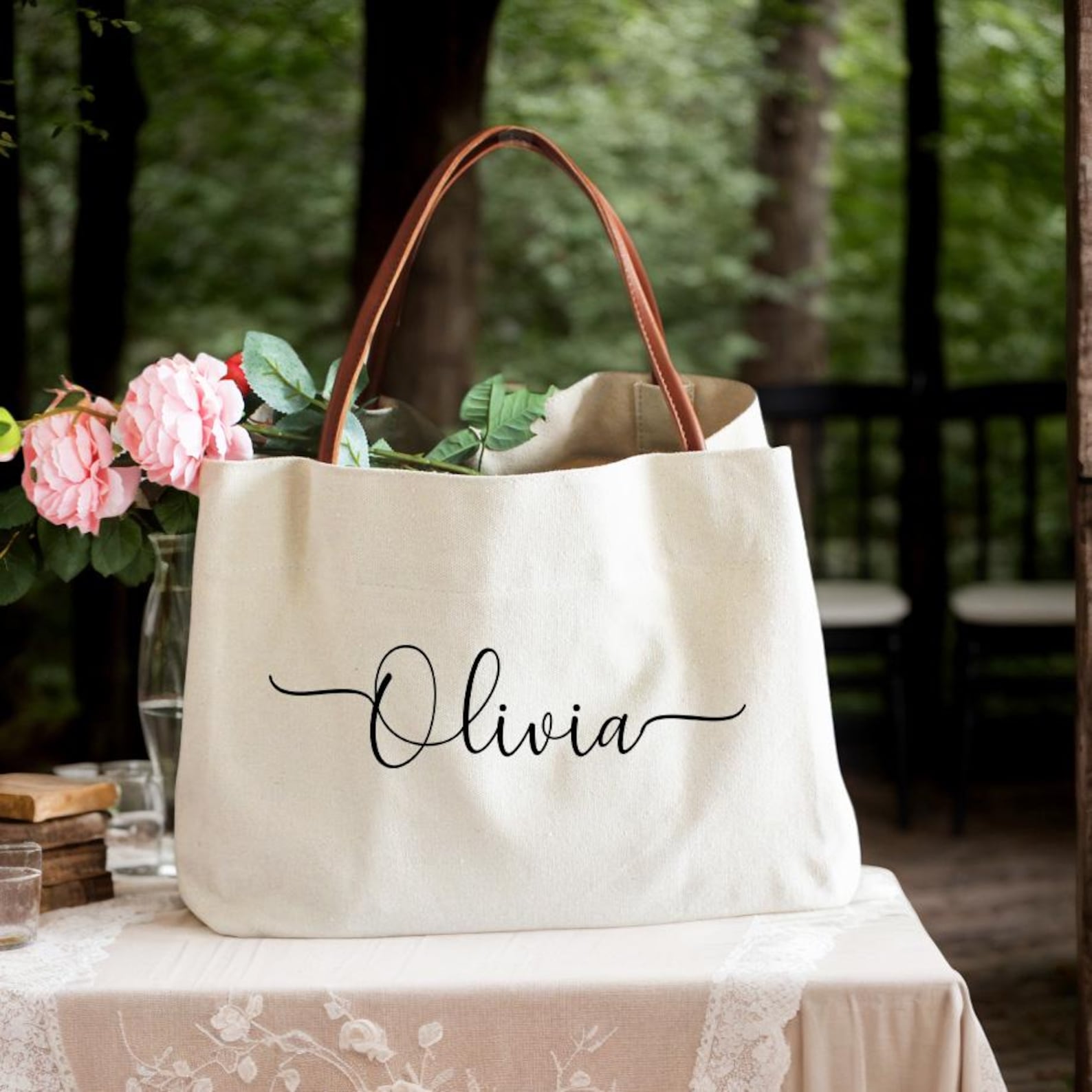 Personalizable canvas tote bag with faux leather handles for wedding DIY