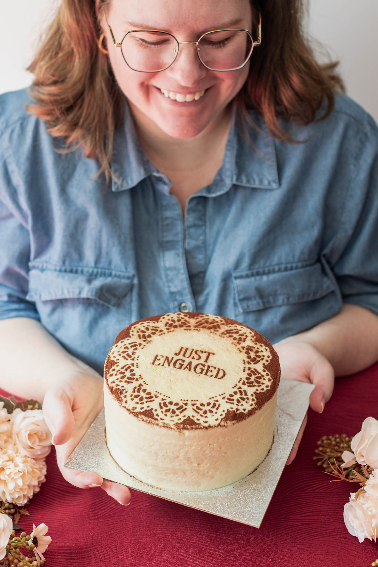 Just Engaged wedding engagement cake made with a Cricut stencil and a store bought cake from Marks and Spencer