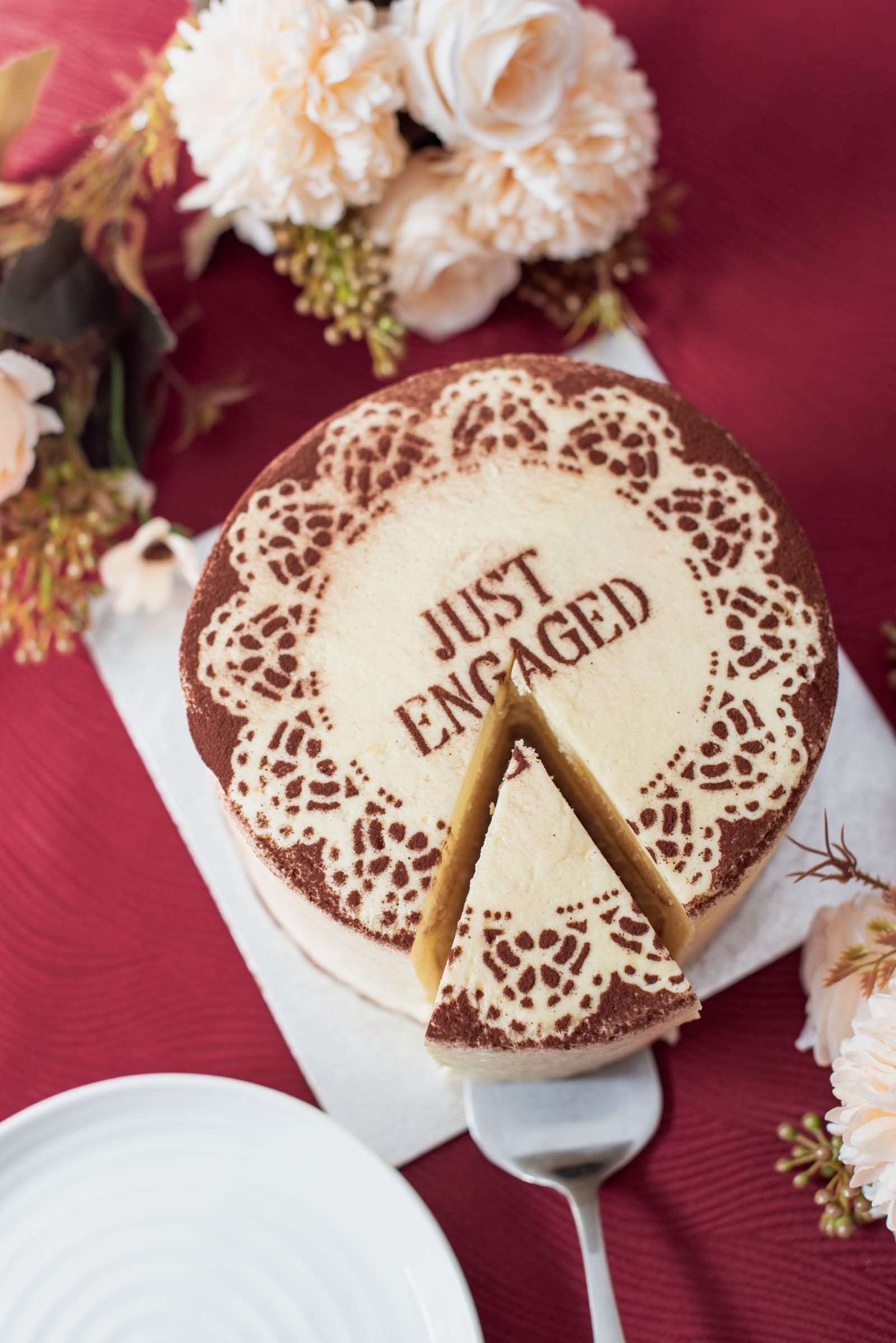 Just Engaged wedding engagement cake made with a Cricut stencil and a store bought cake from Marks and Spencer