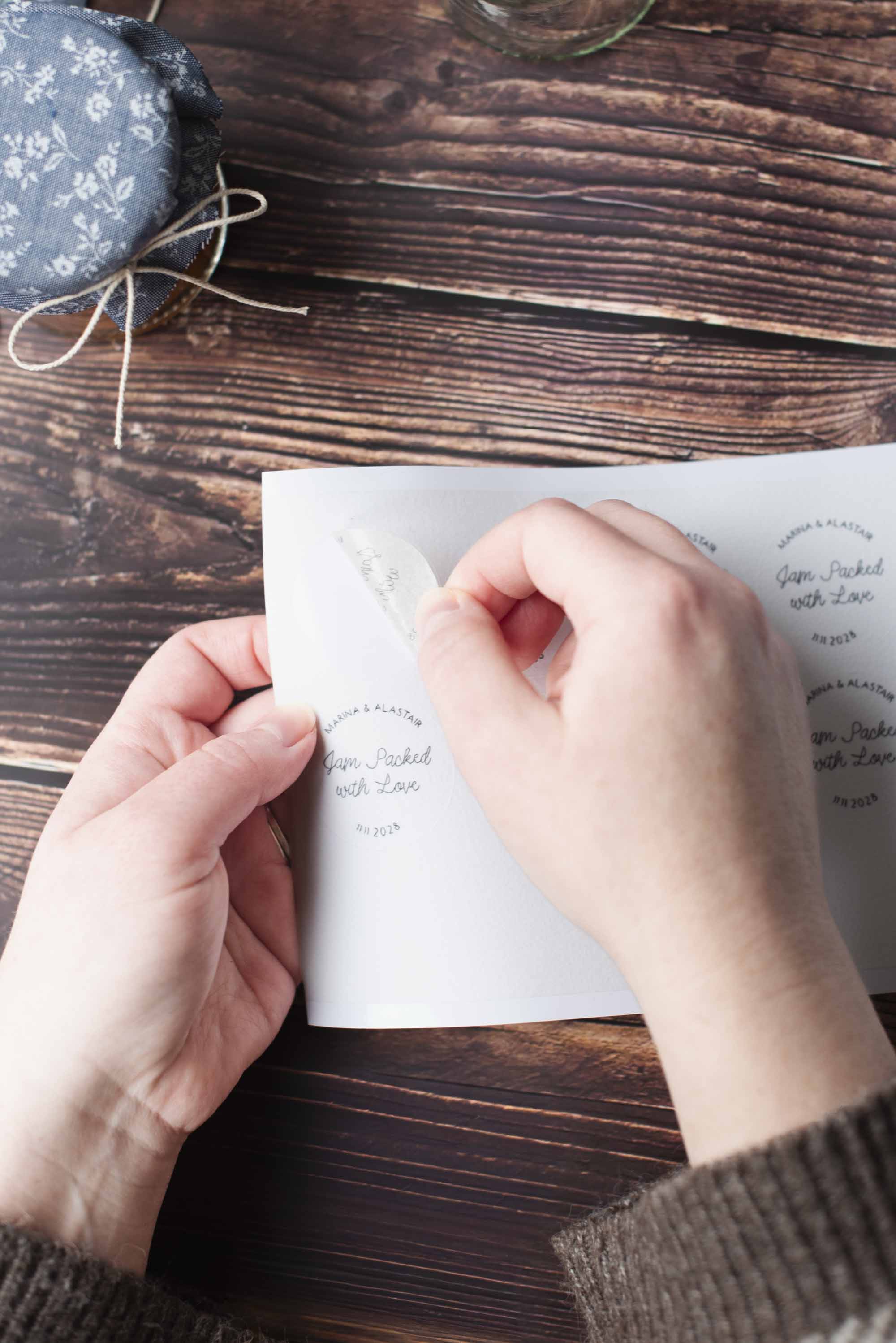 Eco friendly wedding jam jar favor labels made with Cricut machine and dissolvable label paper