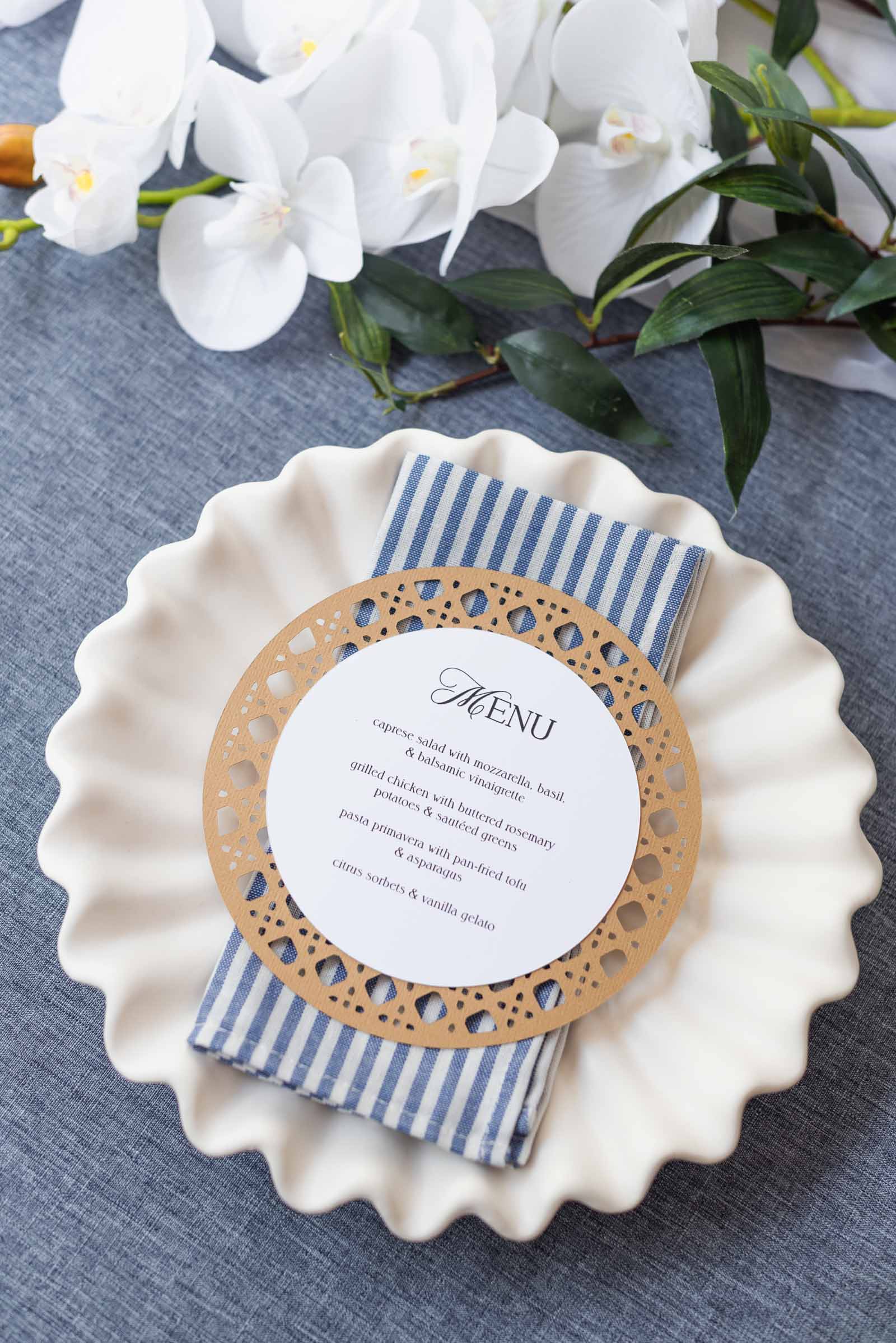 Faux rattan wedding menus made with cardstock and a Cricut