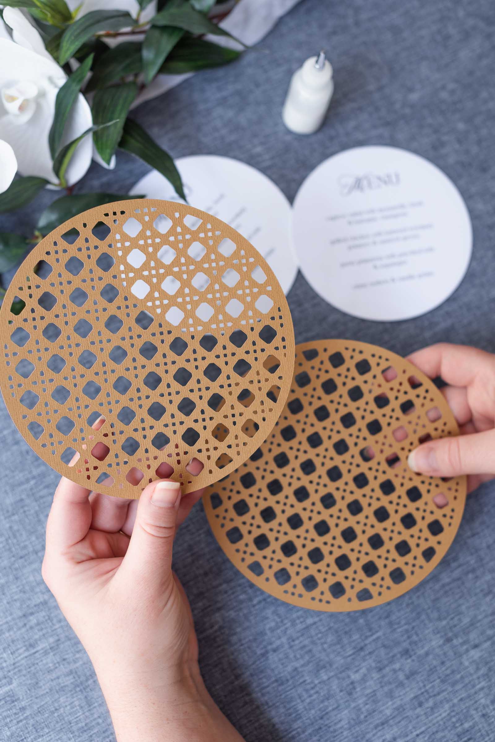 East DIY rattan wedding menu cards