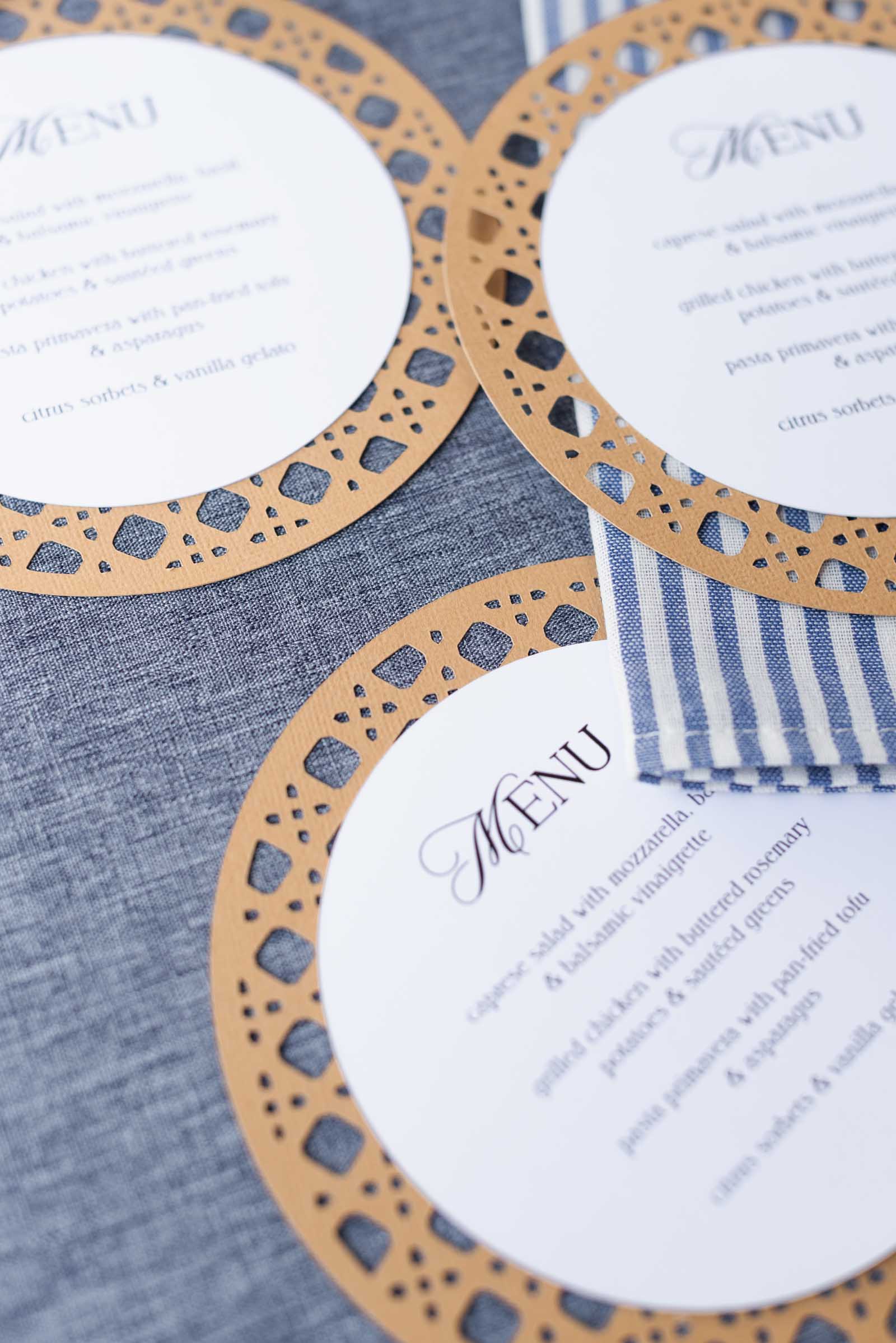 Faux rattan wedding menus made with cardstock and a Cricut