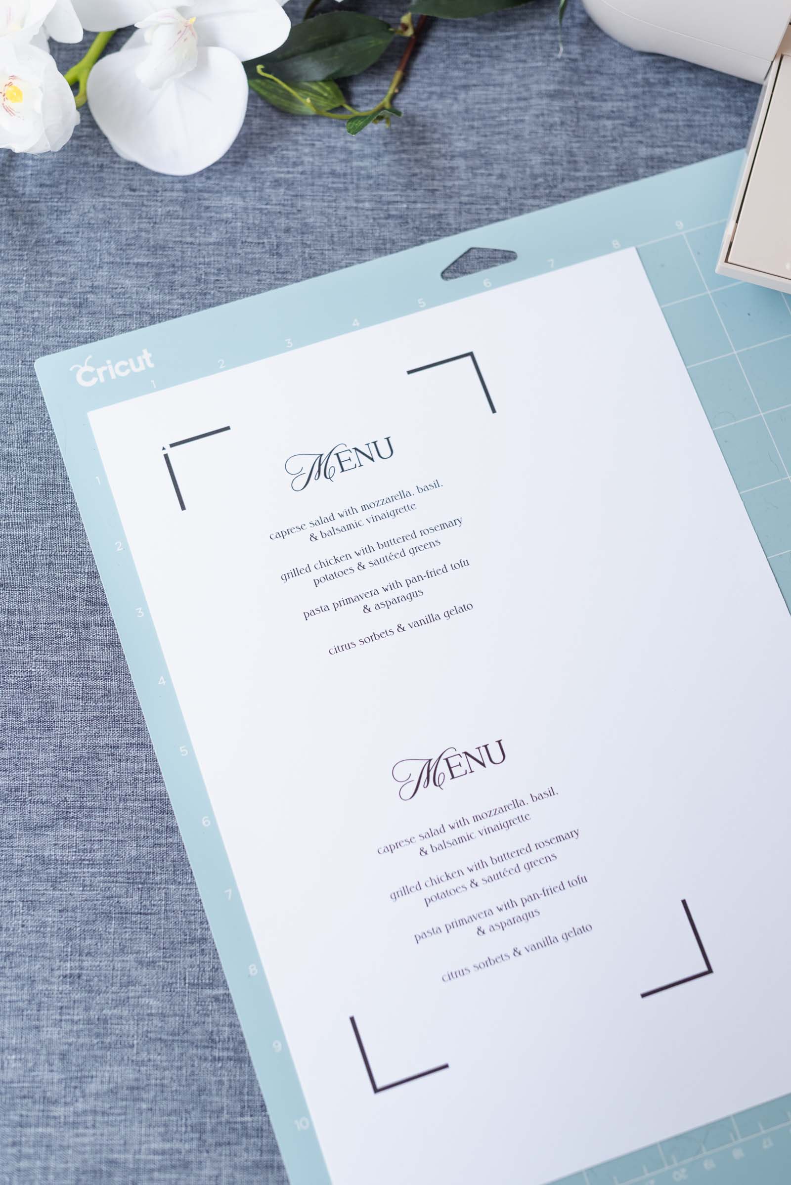DIY faux rattan cardstock wedding menus cut with Cricut Explore