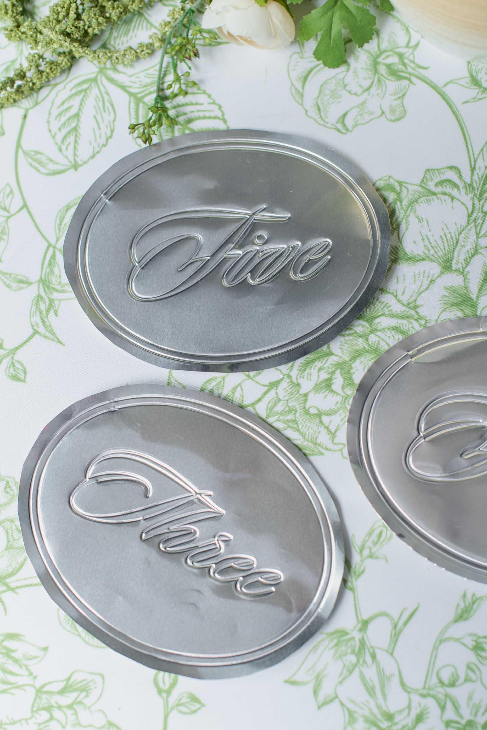 Modern and stylish high end Cricut wedding table numbers made with embossing foil sheets