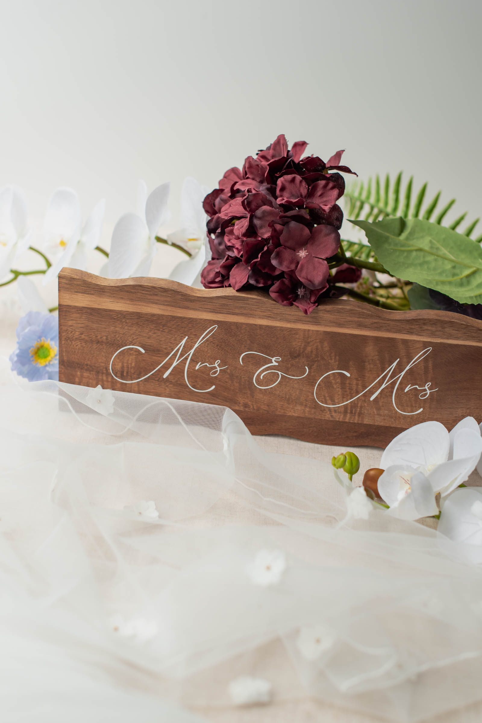 Wavy wood Mrs and Mrs Cricut wedding table sign