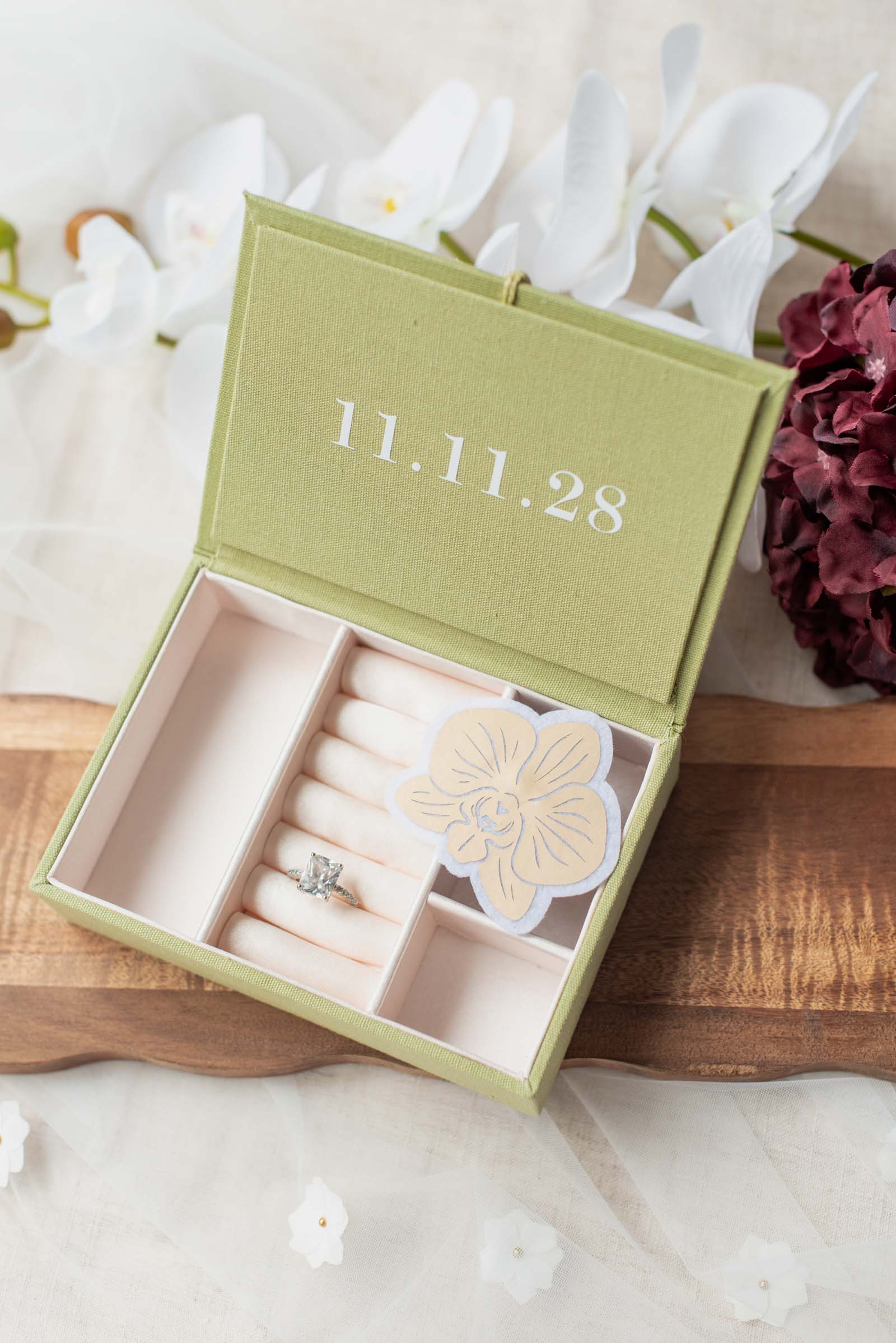 Personalized olive green wedding keepsake box made with a Cricut