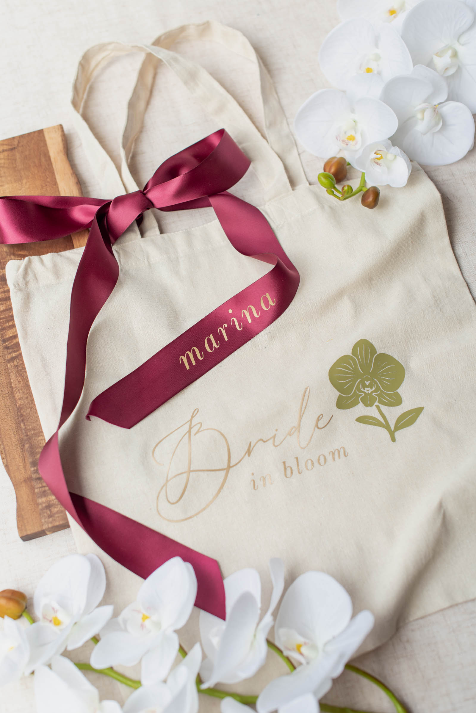 Orchid themed bridal tote bag with personalized iron on ribbon