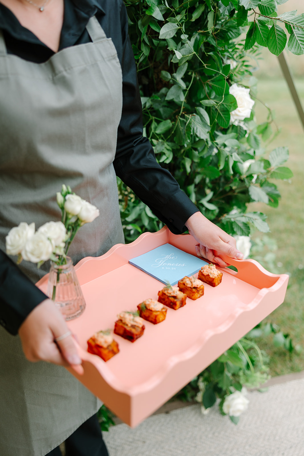 Chic passed appetizers for cocktail hour with custom cocktail napkins