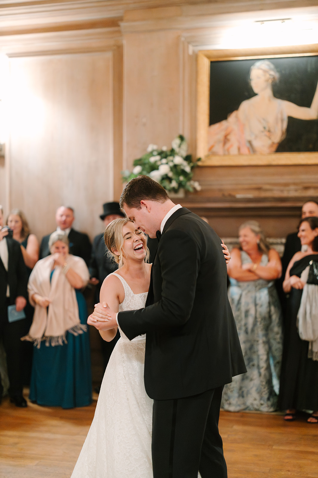 Bride and groom sharing first dance inside the main house at Findon Place