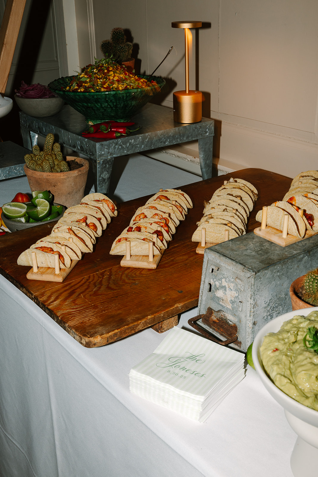 Late night snack station with tacos and custom napkins