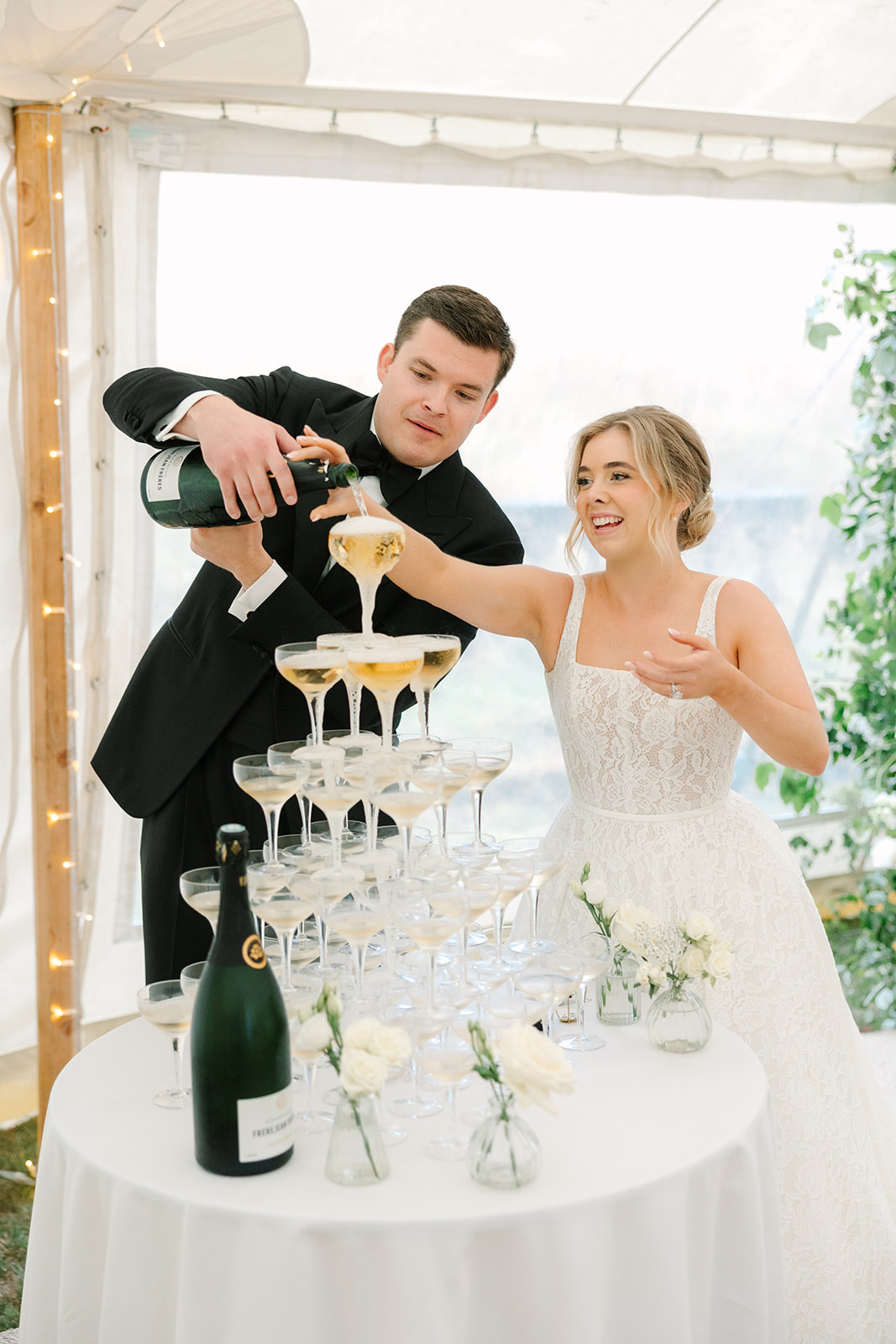 Classic champagne tower for destination wedding in Sussex England