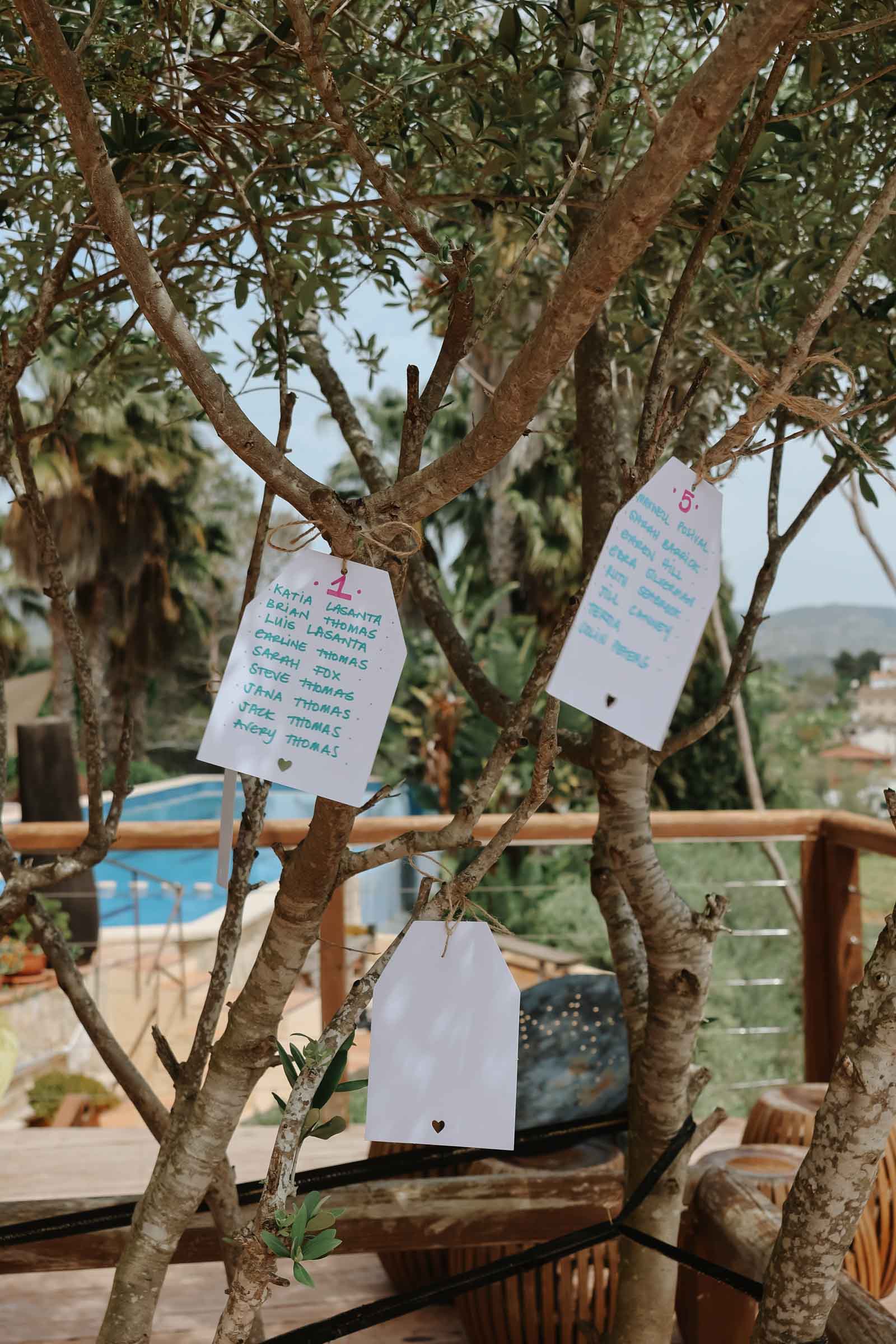 Hanging paper seating chart tags tied to venue trees for unique destination wedding idea