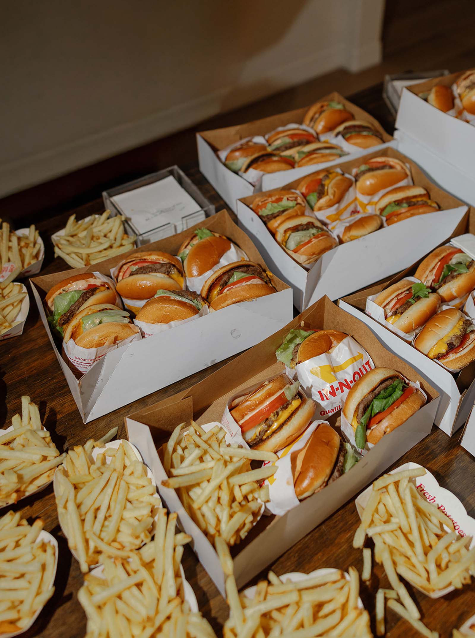 In N Out cheeseburgers and fries for late night wedding snack