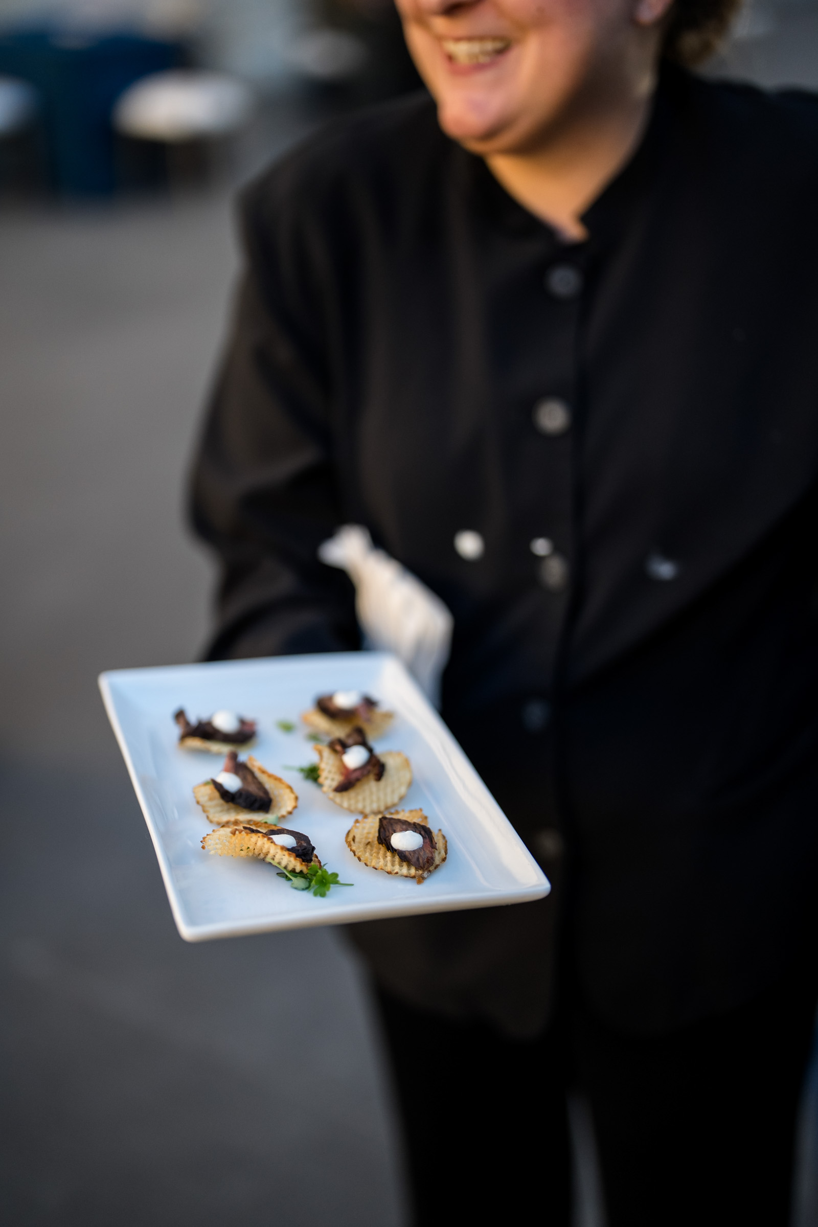 Potato chips with beef as a passed tray late night wedding snack idea
