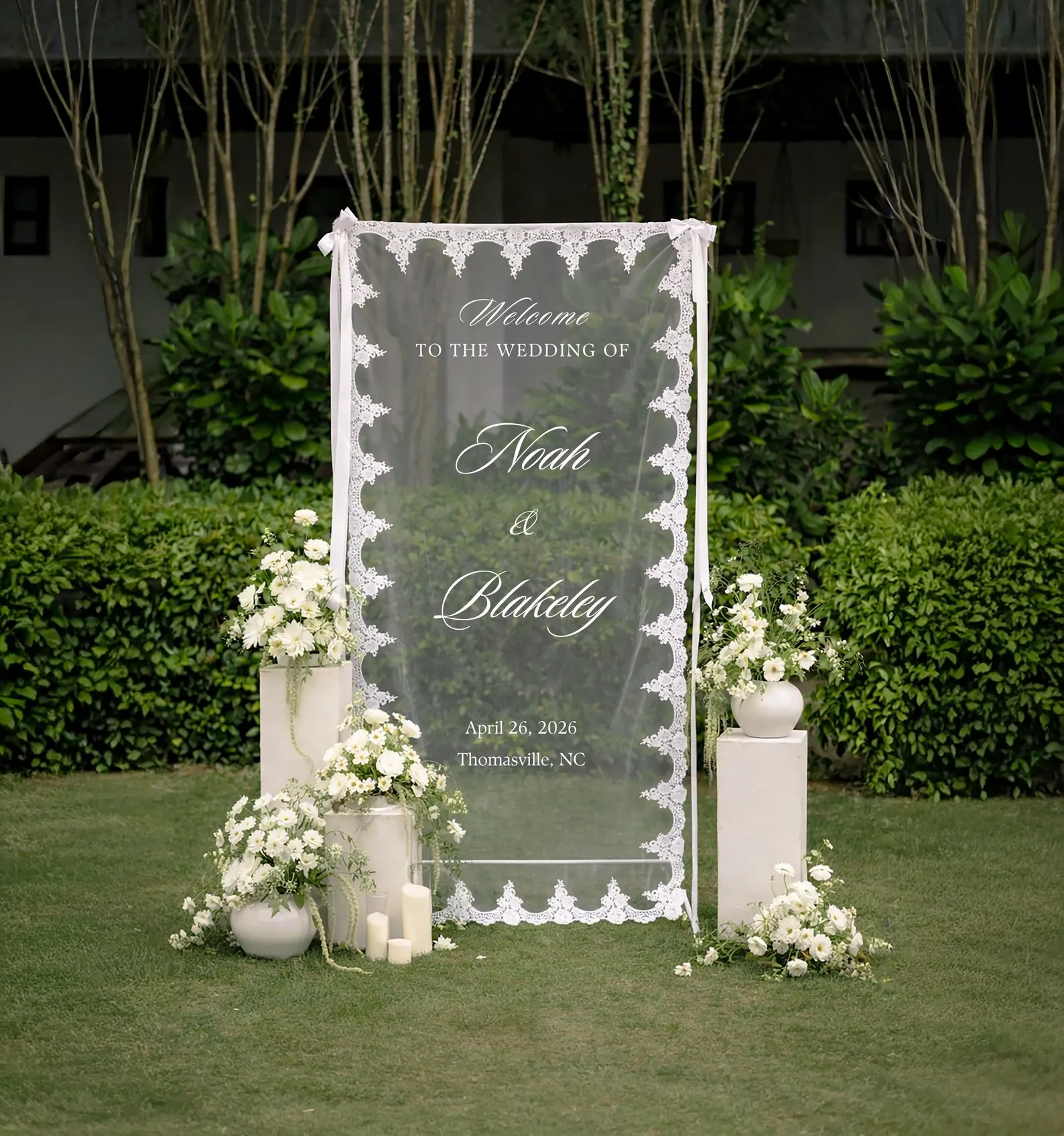 Tulle wedding welcome sign with lace made with a Cricut