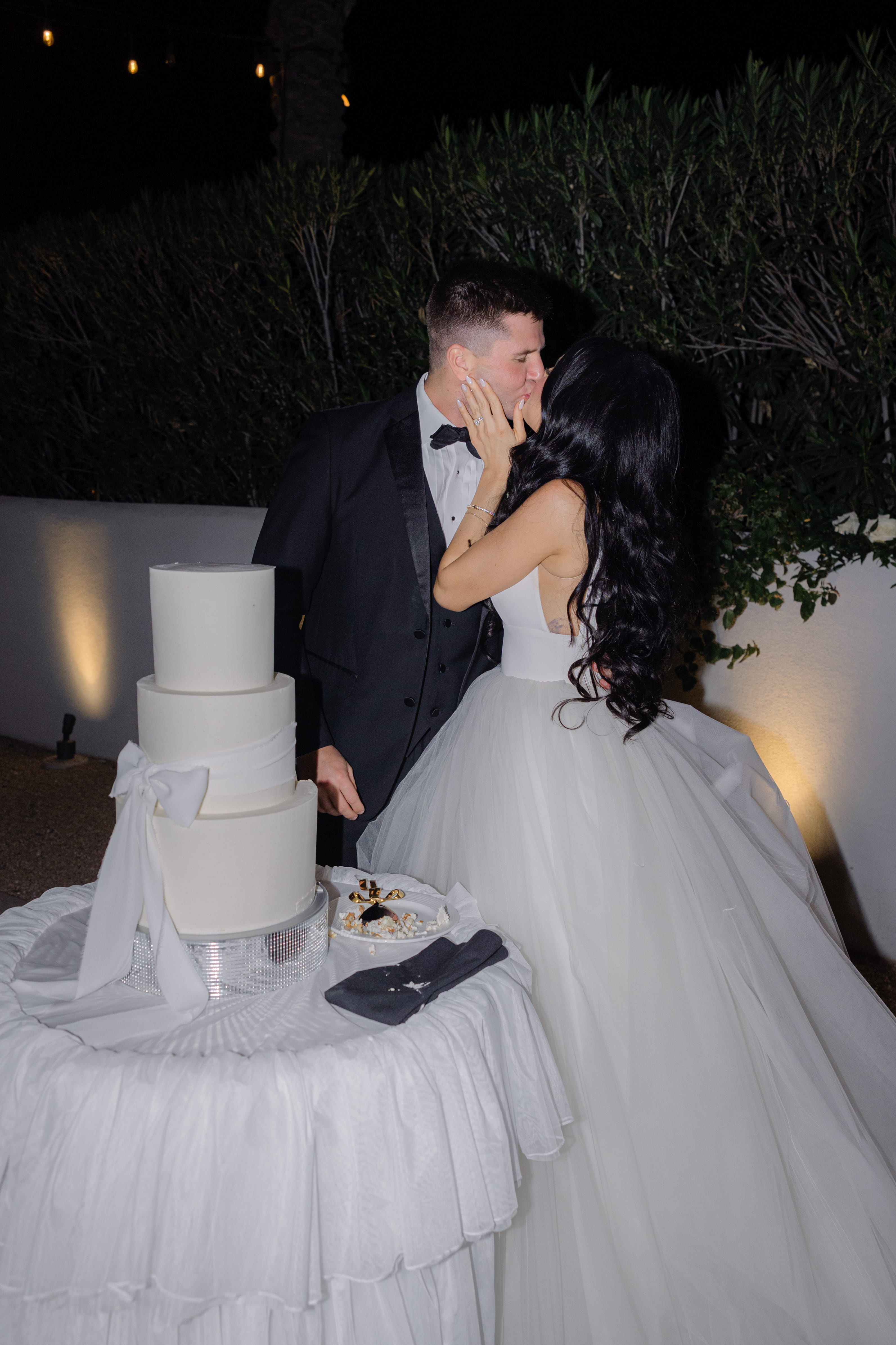 Modern vintage ruffled tiered tulle wedding cake table