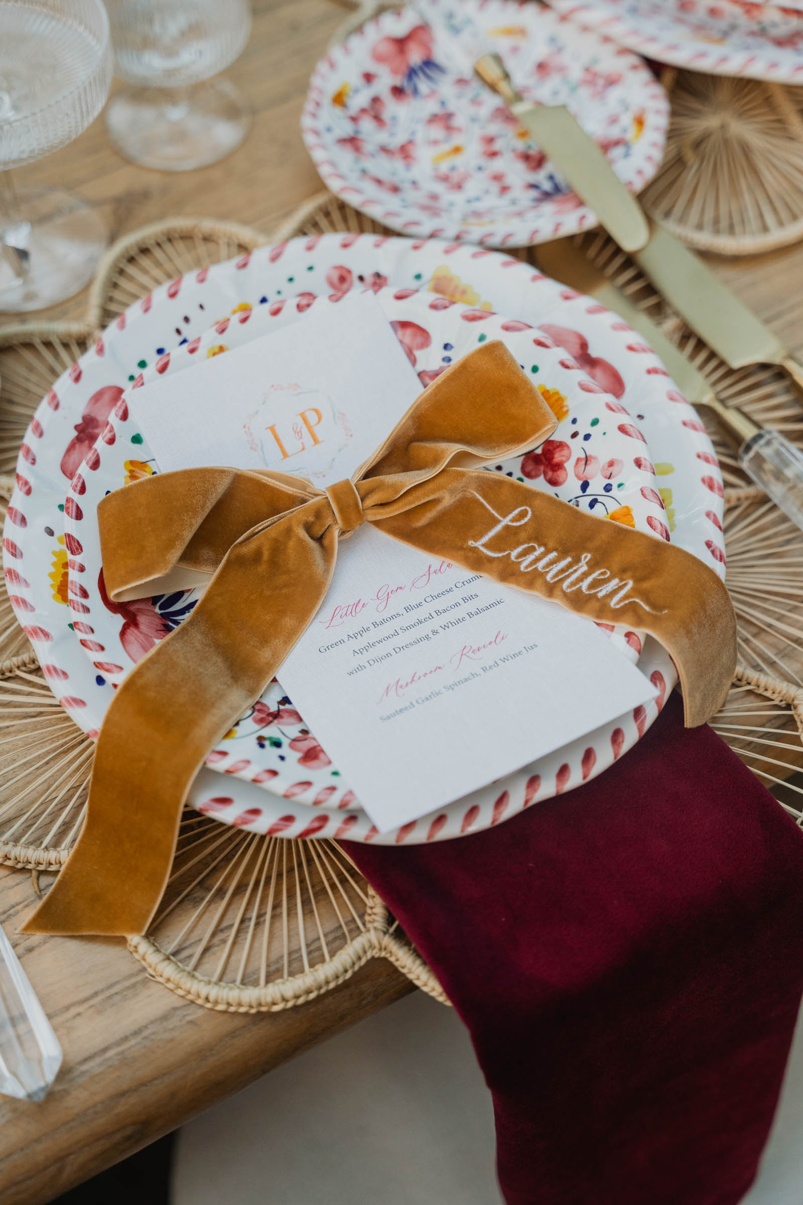 Dark mustard yellow embroidered velvet ribbon with wedding guest name that doubles as a place card