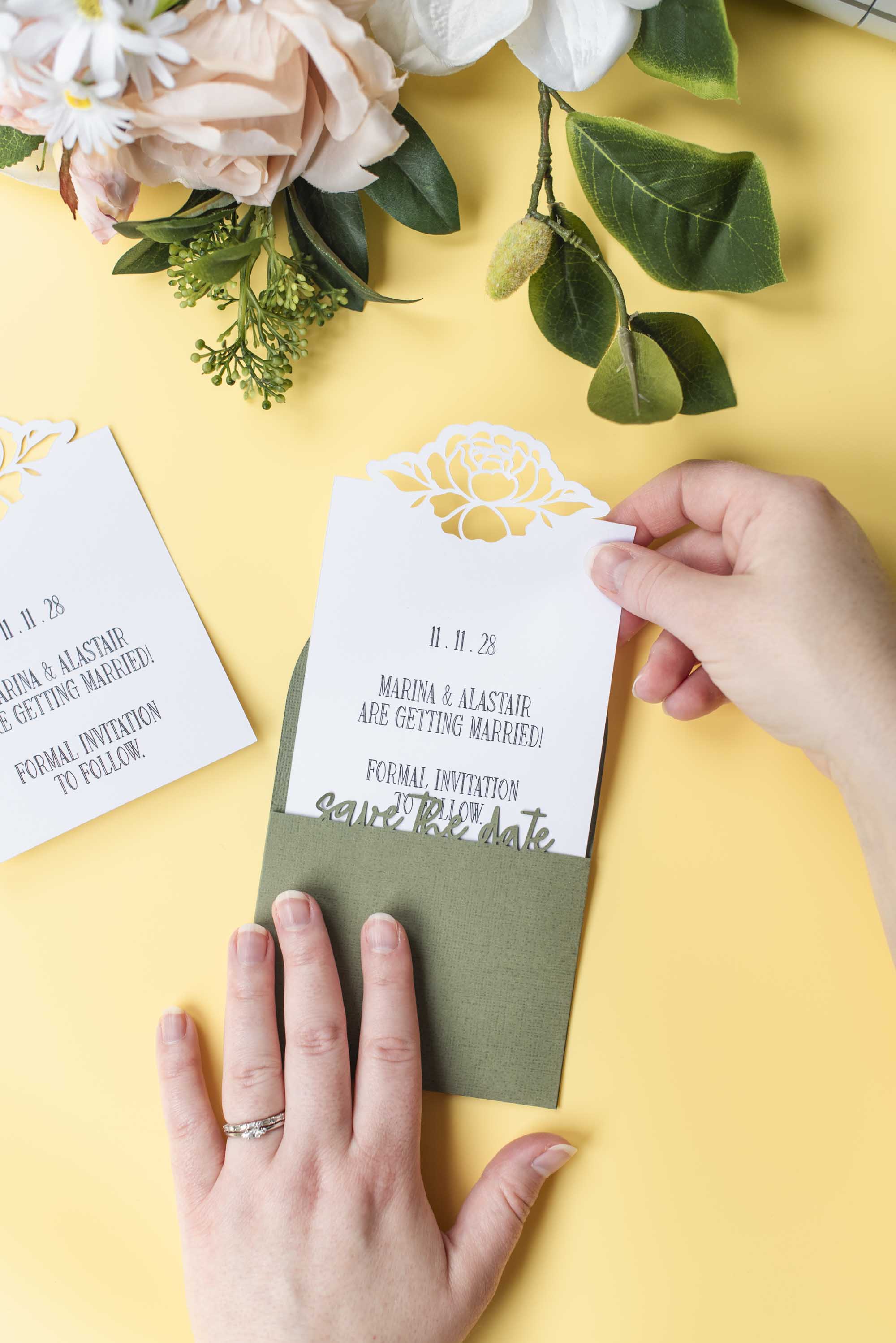 DIY Cricut made floral wedding save the date bookmark pouch