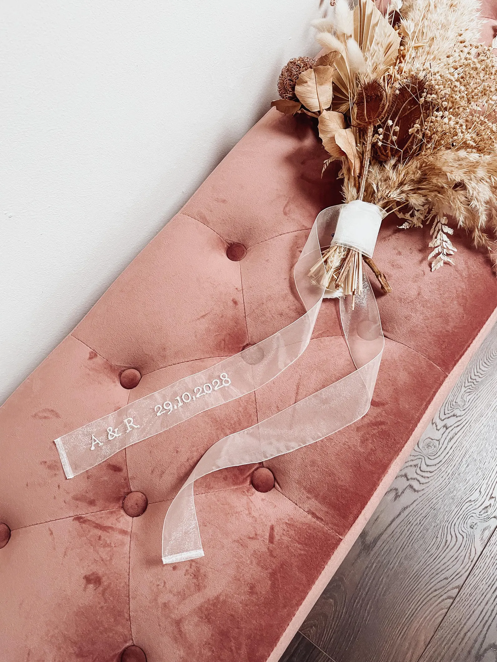 White embroidered organza wedding bouquet ribbon
