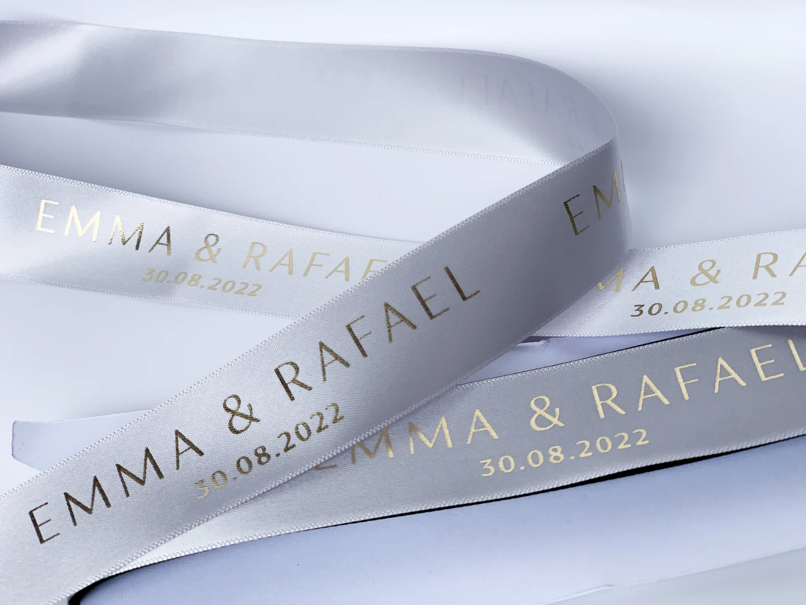 Gold foil stamped personalized wedding ribbon