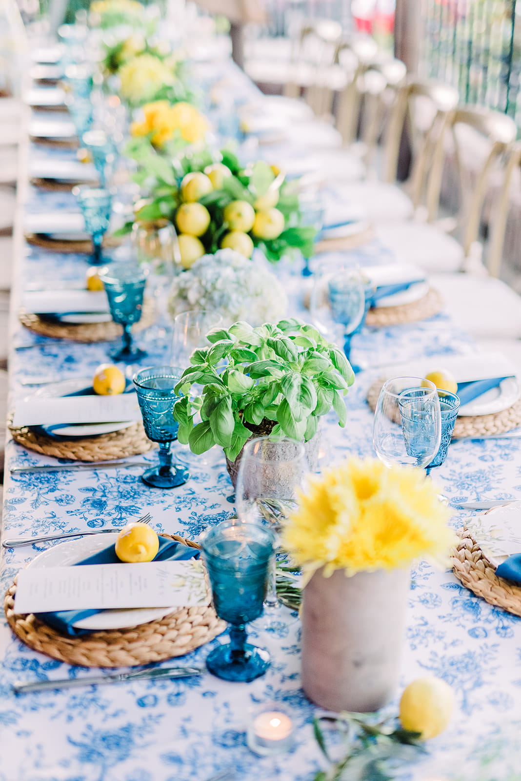 Lemon fruits and pots of basil for fresh summery edible citrus wedding table decor idea
