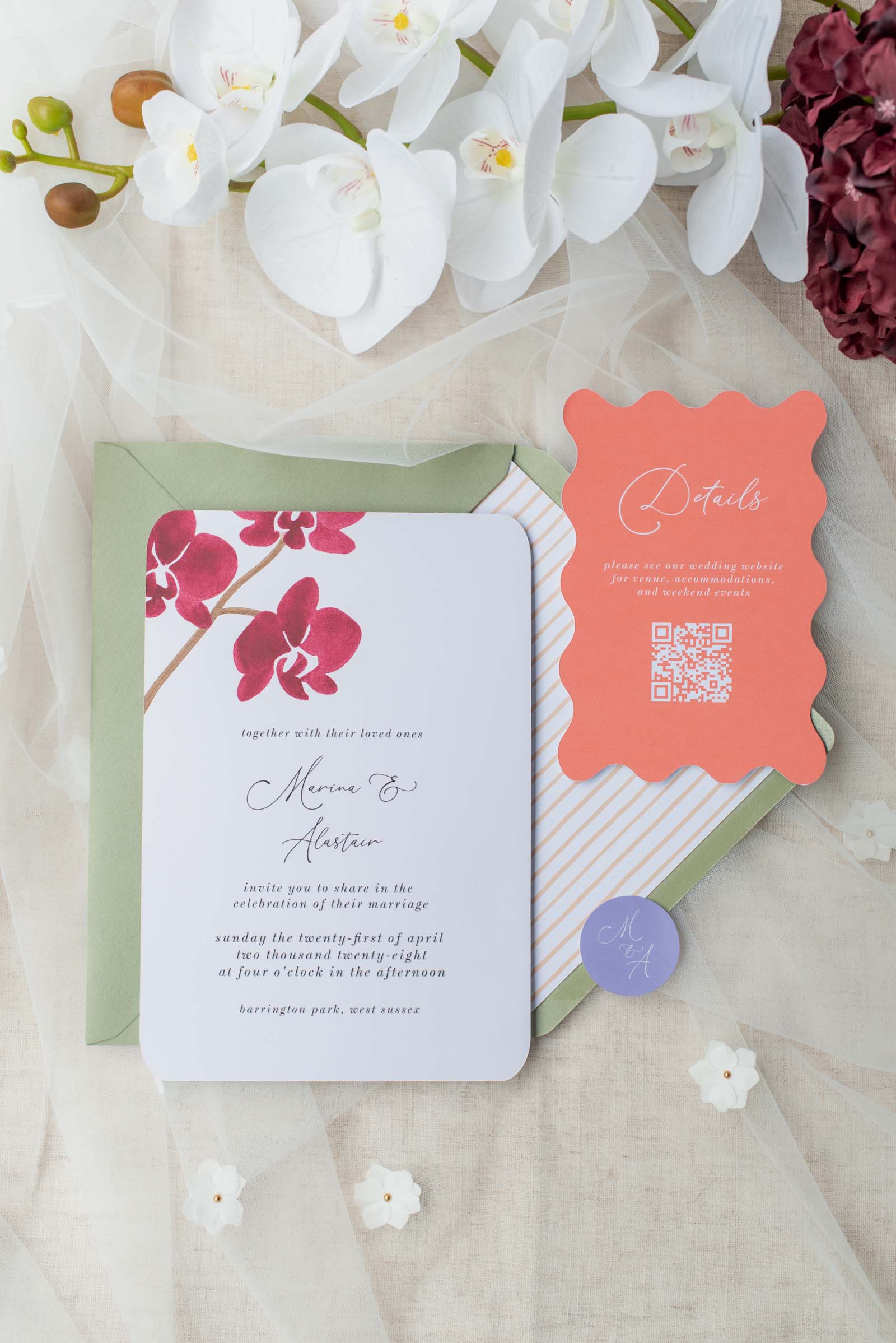 Wavy shaped orange coral wedding invitation details card with QR code