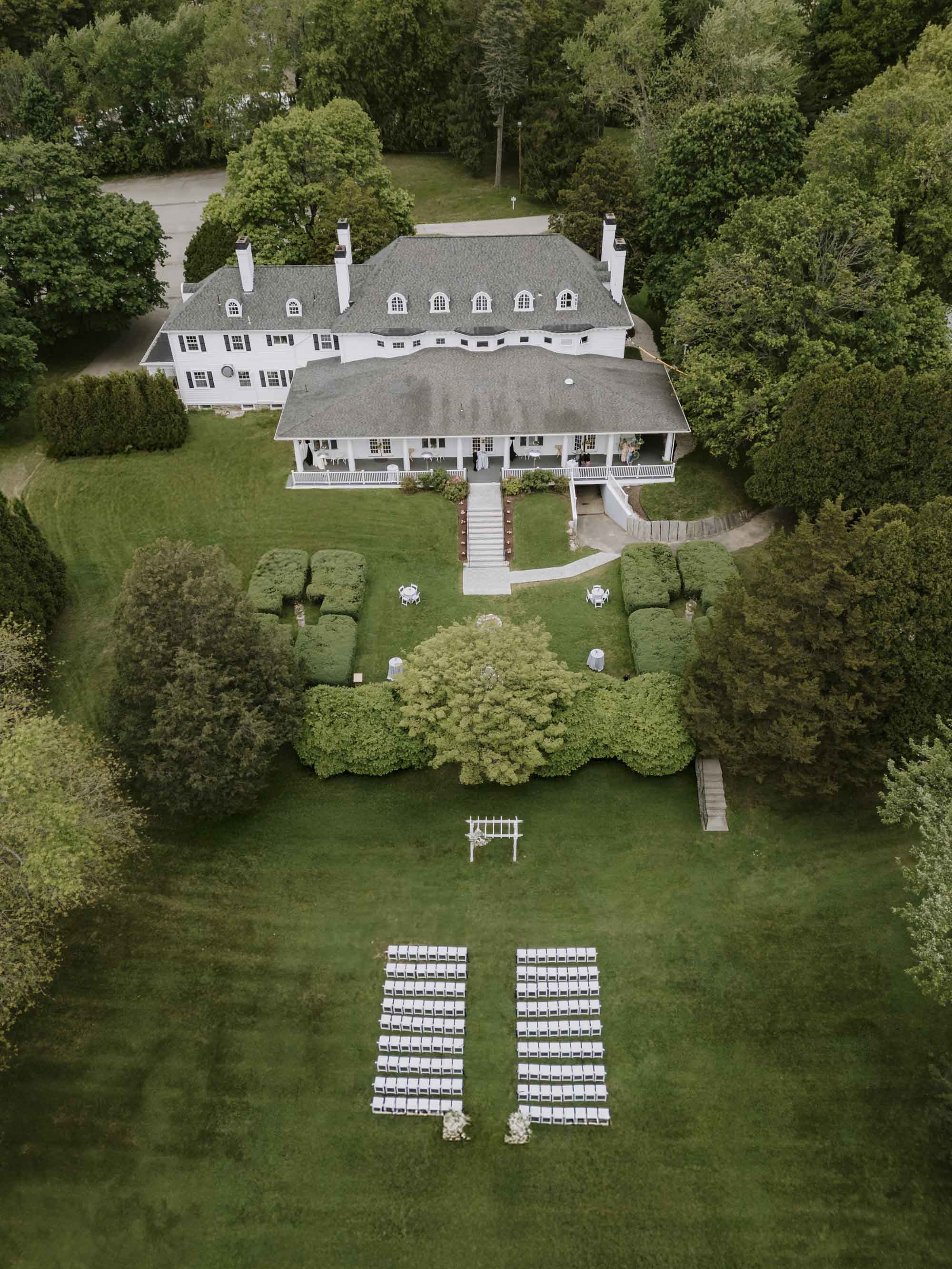 Birds eye wedding ceremony view of Floriana at the Hellenic Center in Ipswich Massachusetts