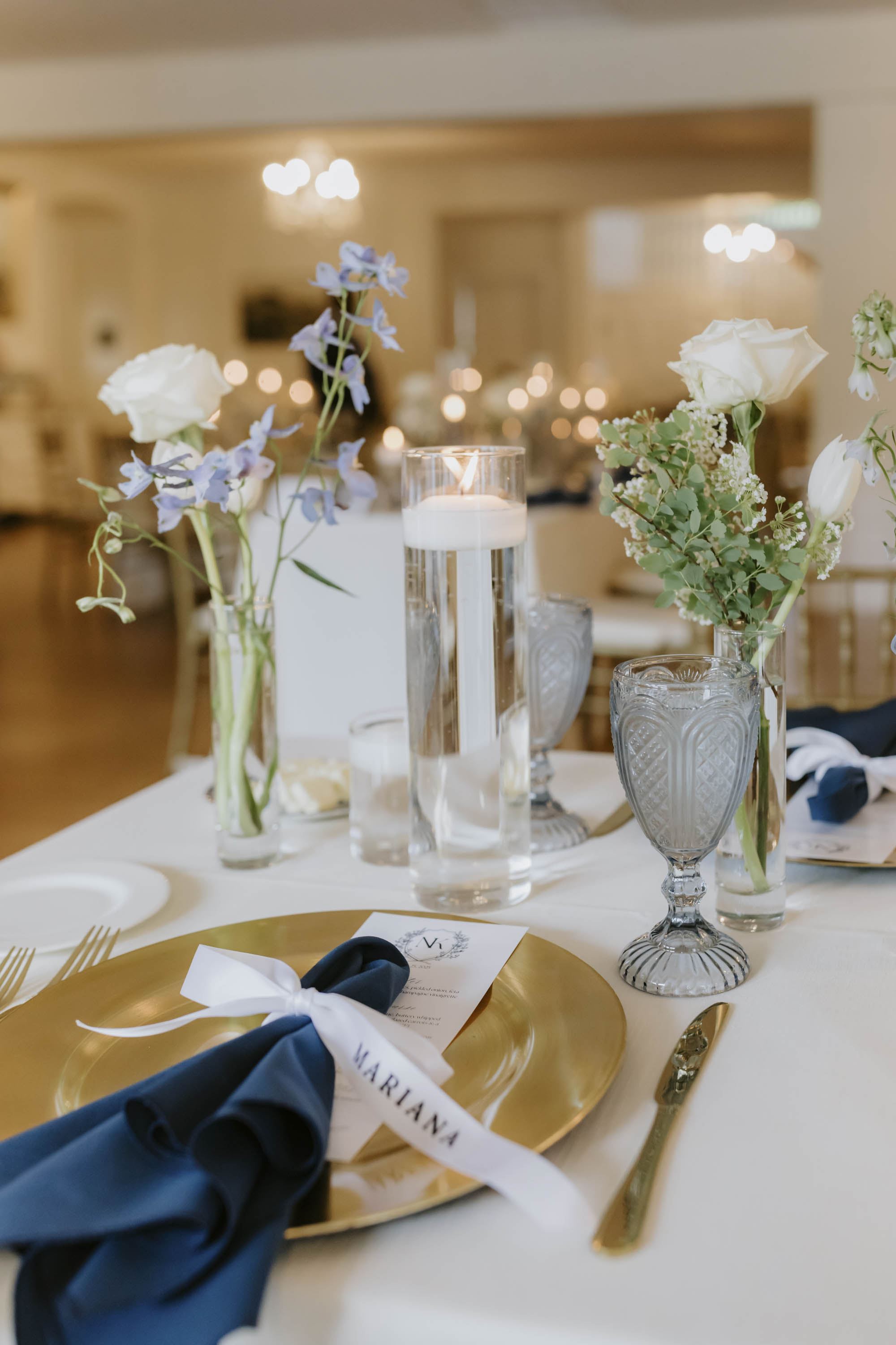 Small floating candle centerpieces for classic French toile inspired aesthetic with personalized ribbon napkin rings made with Cricut