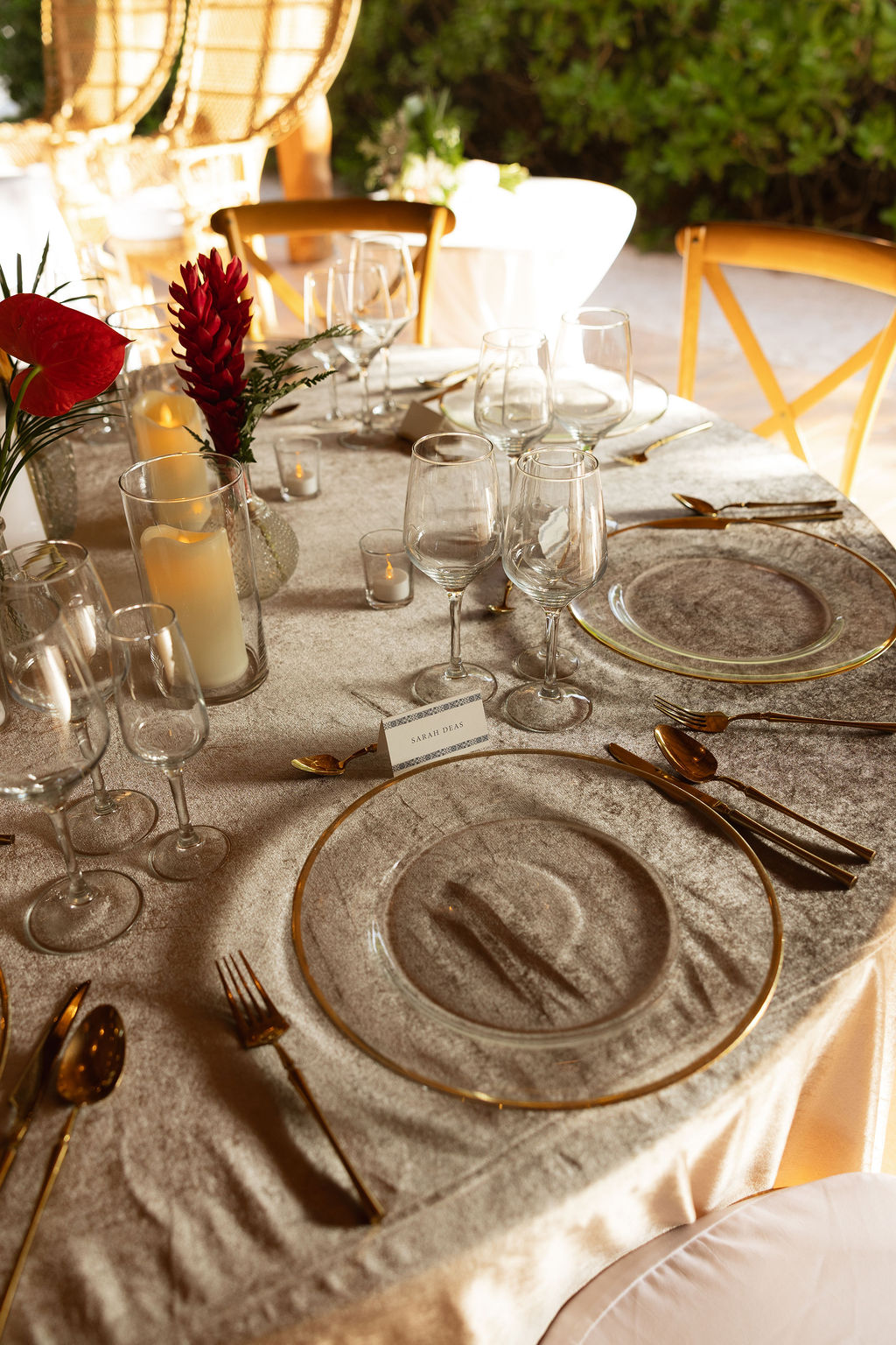 Velvet stone colored table linens for boho chic tropical wedding reception
