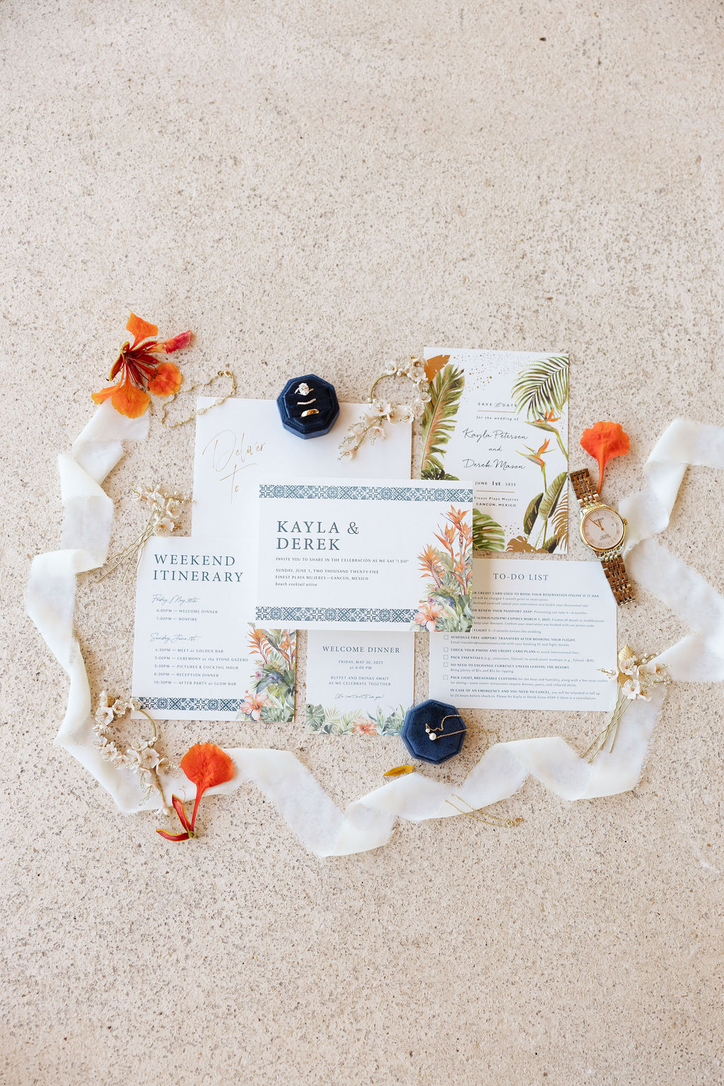 Tropical chic wedding invitations with bird of paradise flower