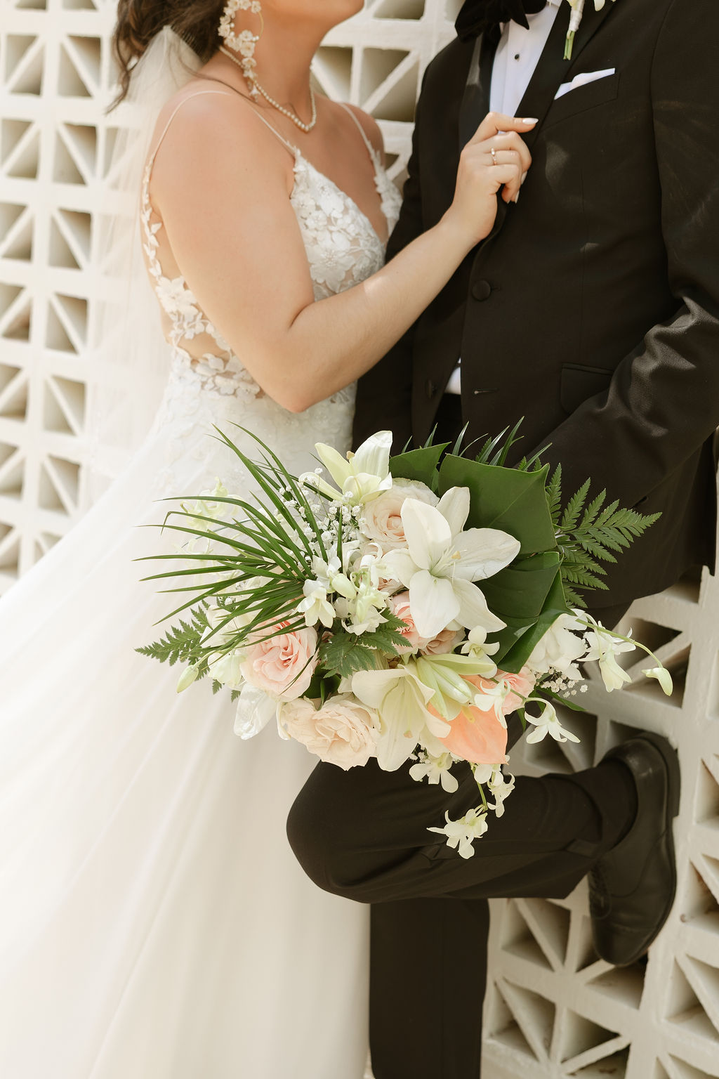 Timeless pale pink and white tropical wedding bouquet