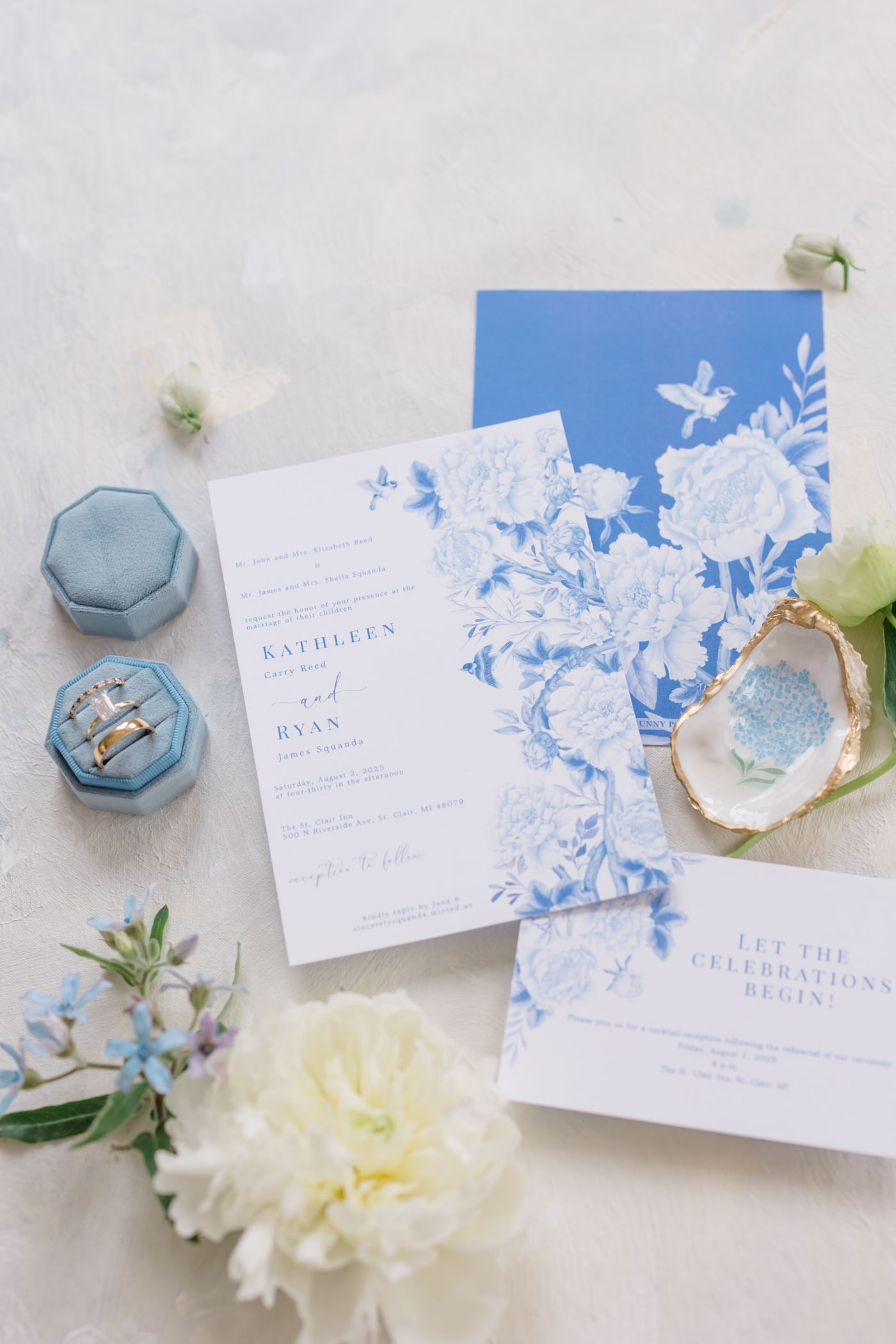 Blue and white peony Chinoiserie wedding invitations