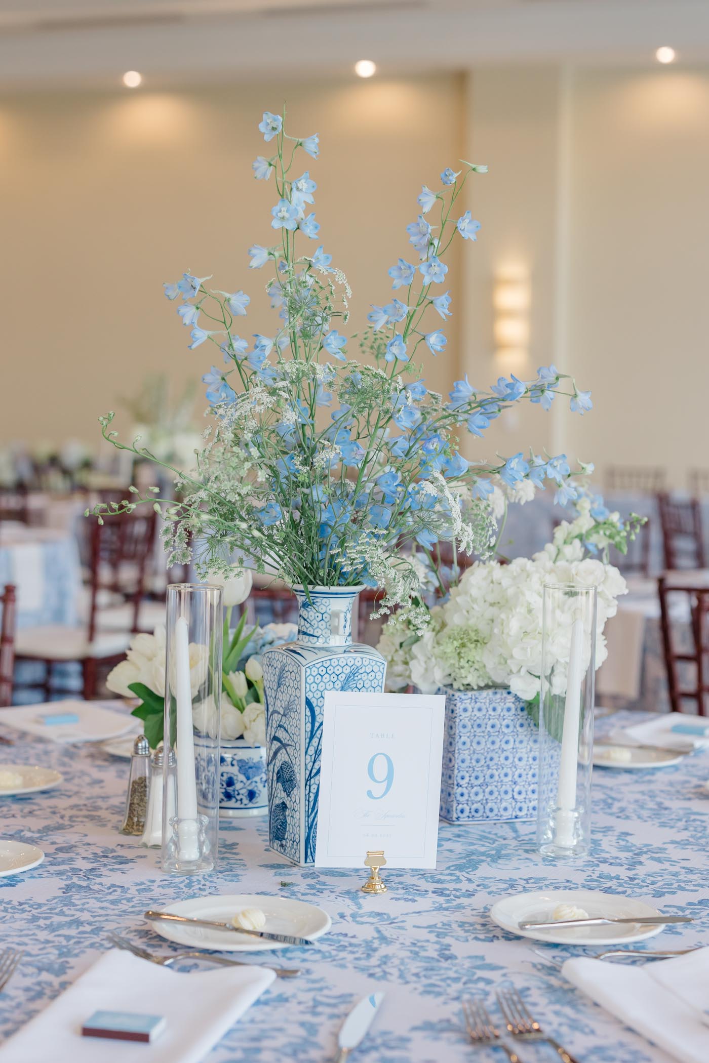 Blue and white wedding centerpiece table decor ideas in Michigan
