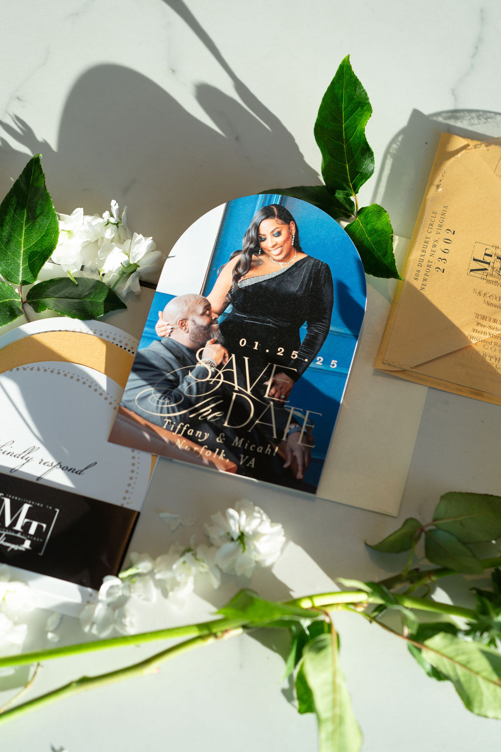 Colorful arch shaped Save the Date wedding stationery