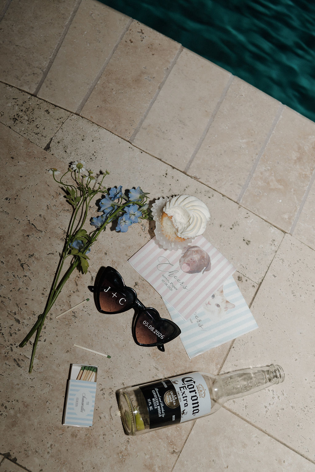 Fun wedding after party details with pet personalized napkins and Cricut made sunglasses
