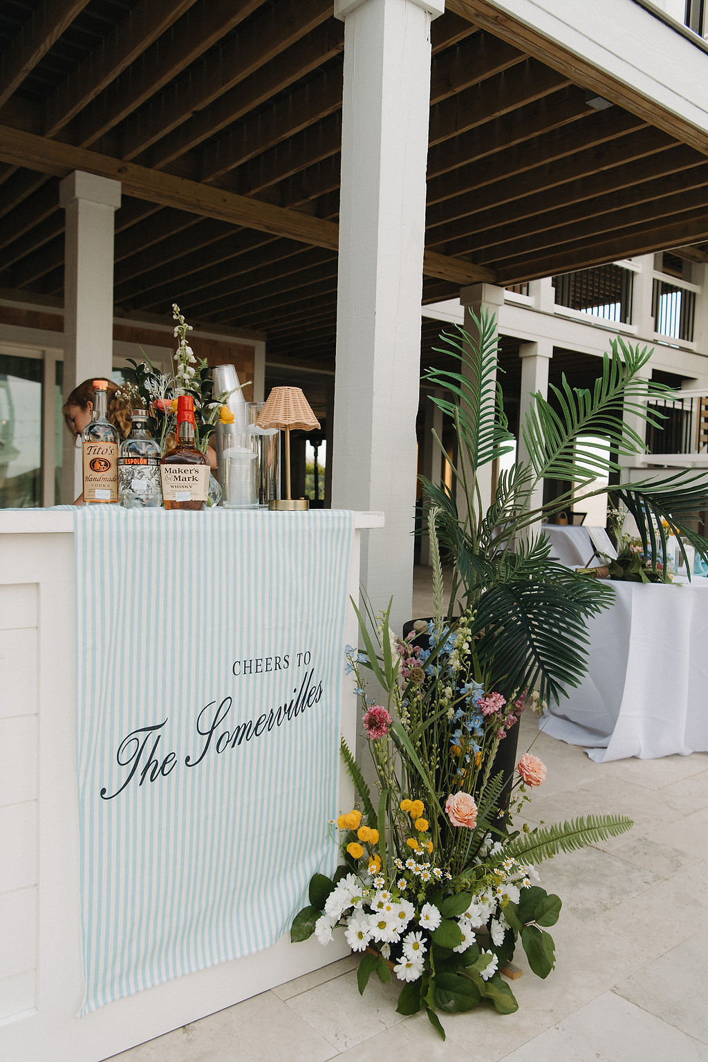 Chic blue striped wedding bar with DIY Cricut fabric bar sign
