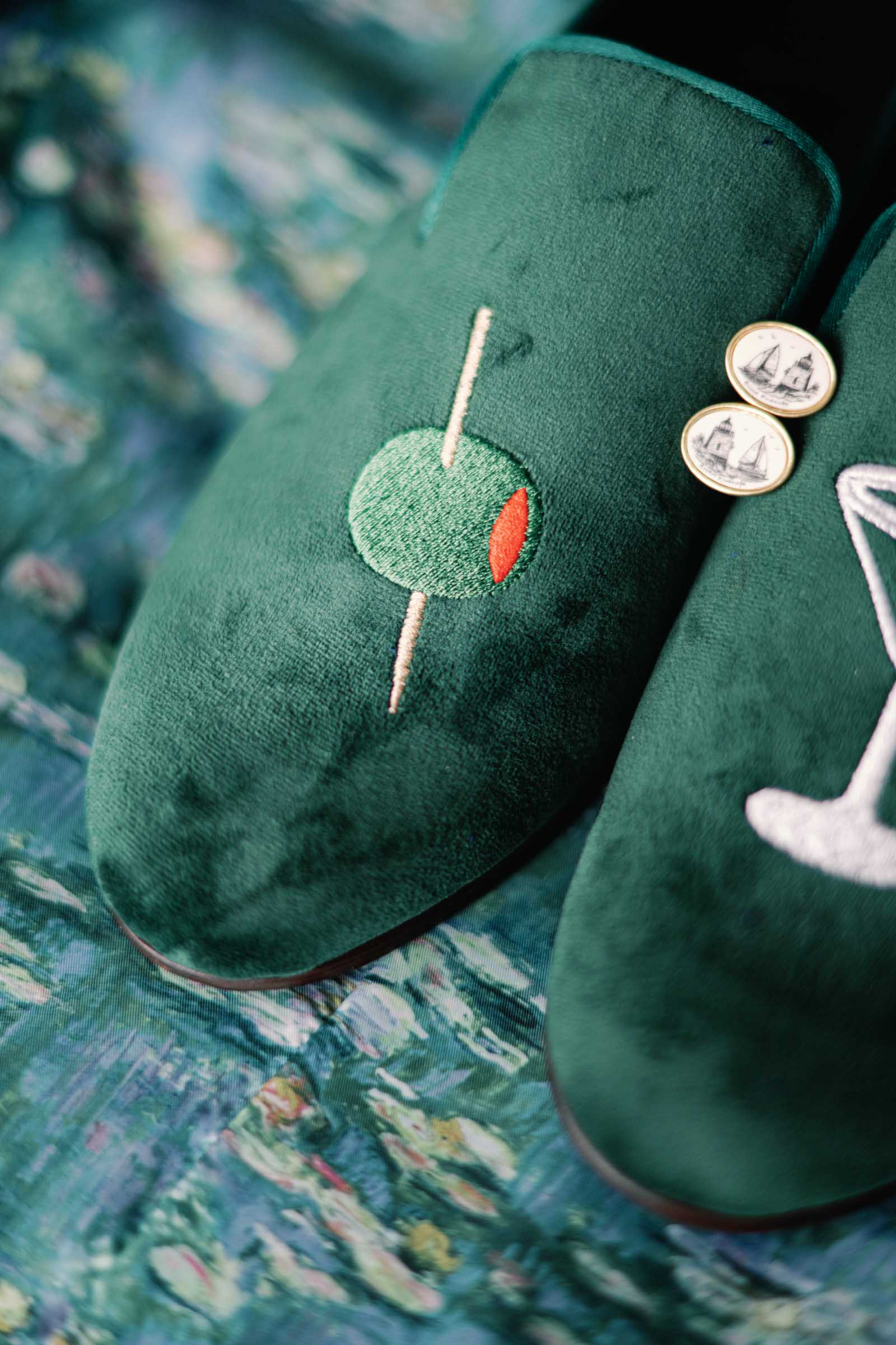 Martini themed velvet loafers for stylish groom outfit