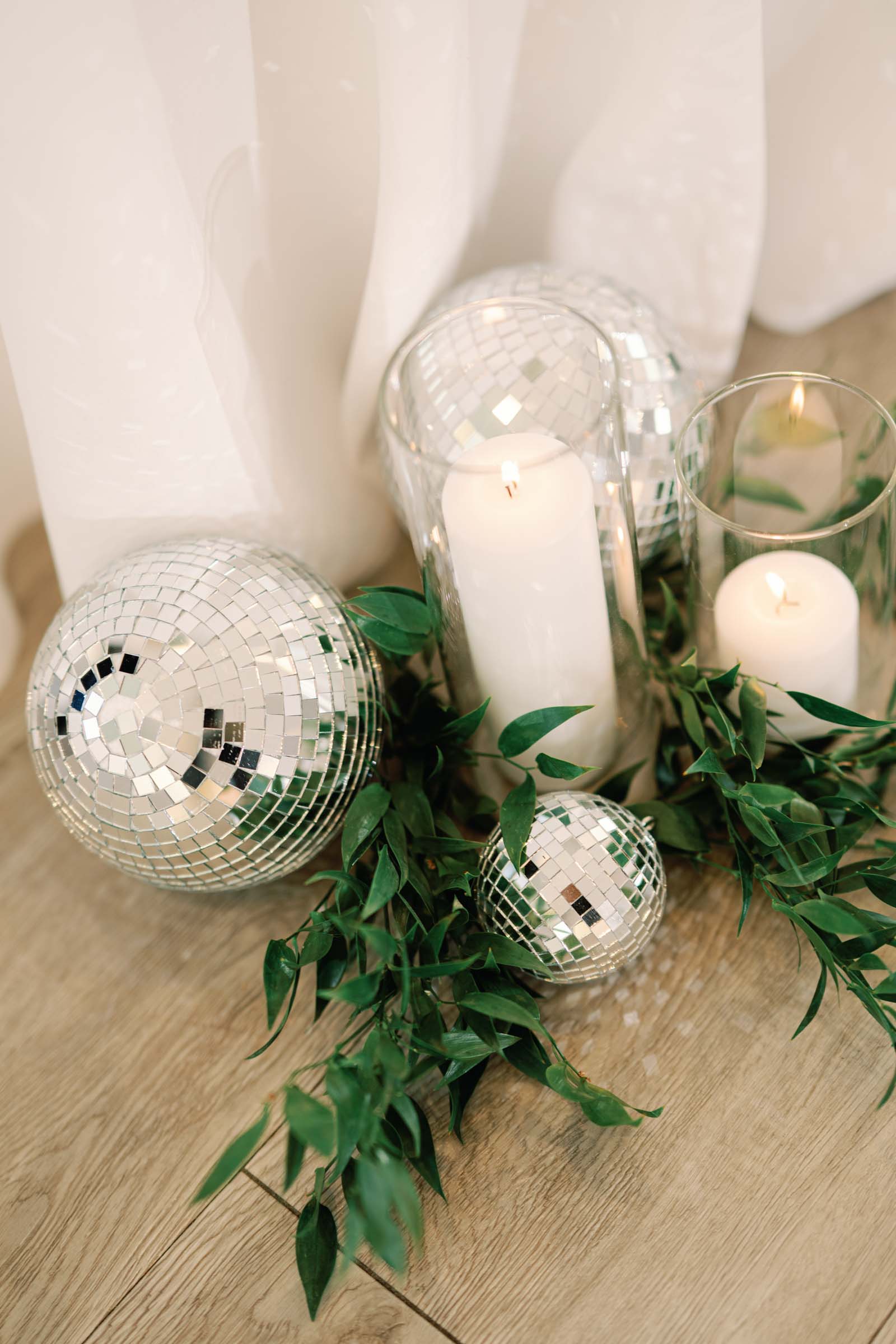 Candlelit disco ball table decor for fun wedding idea
