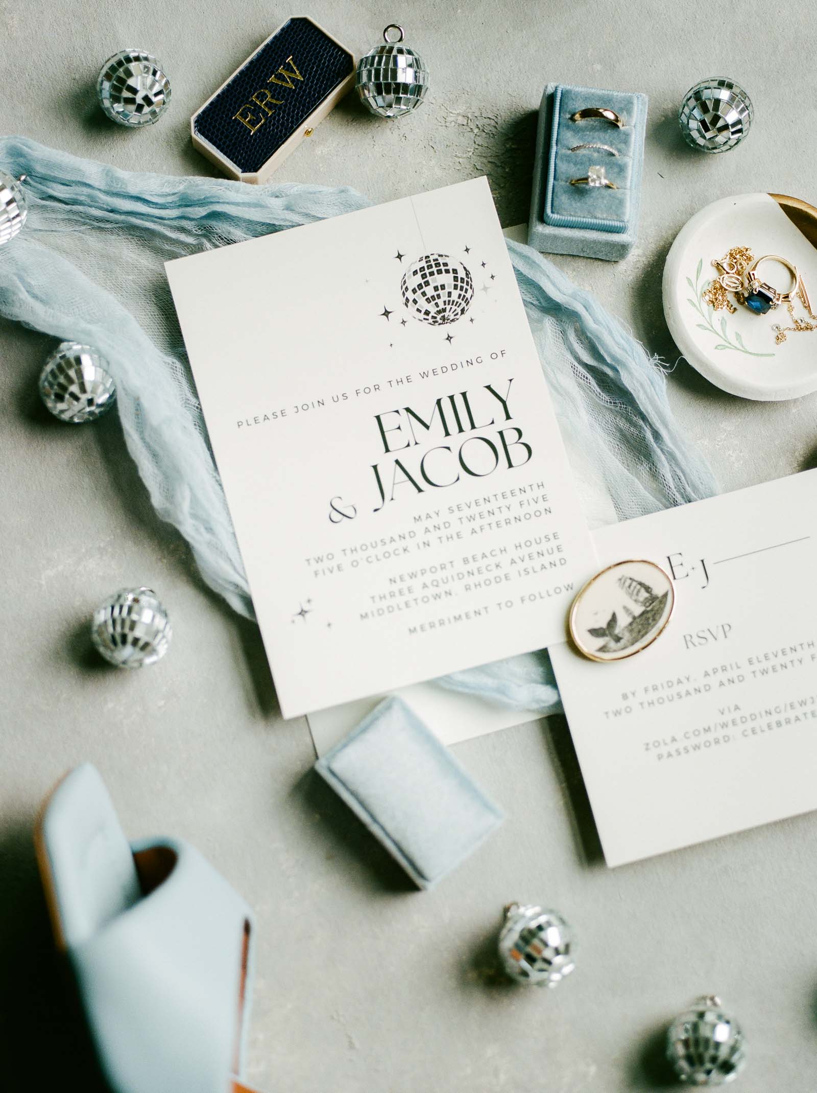 Disco ball themed wedding invitation suite