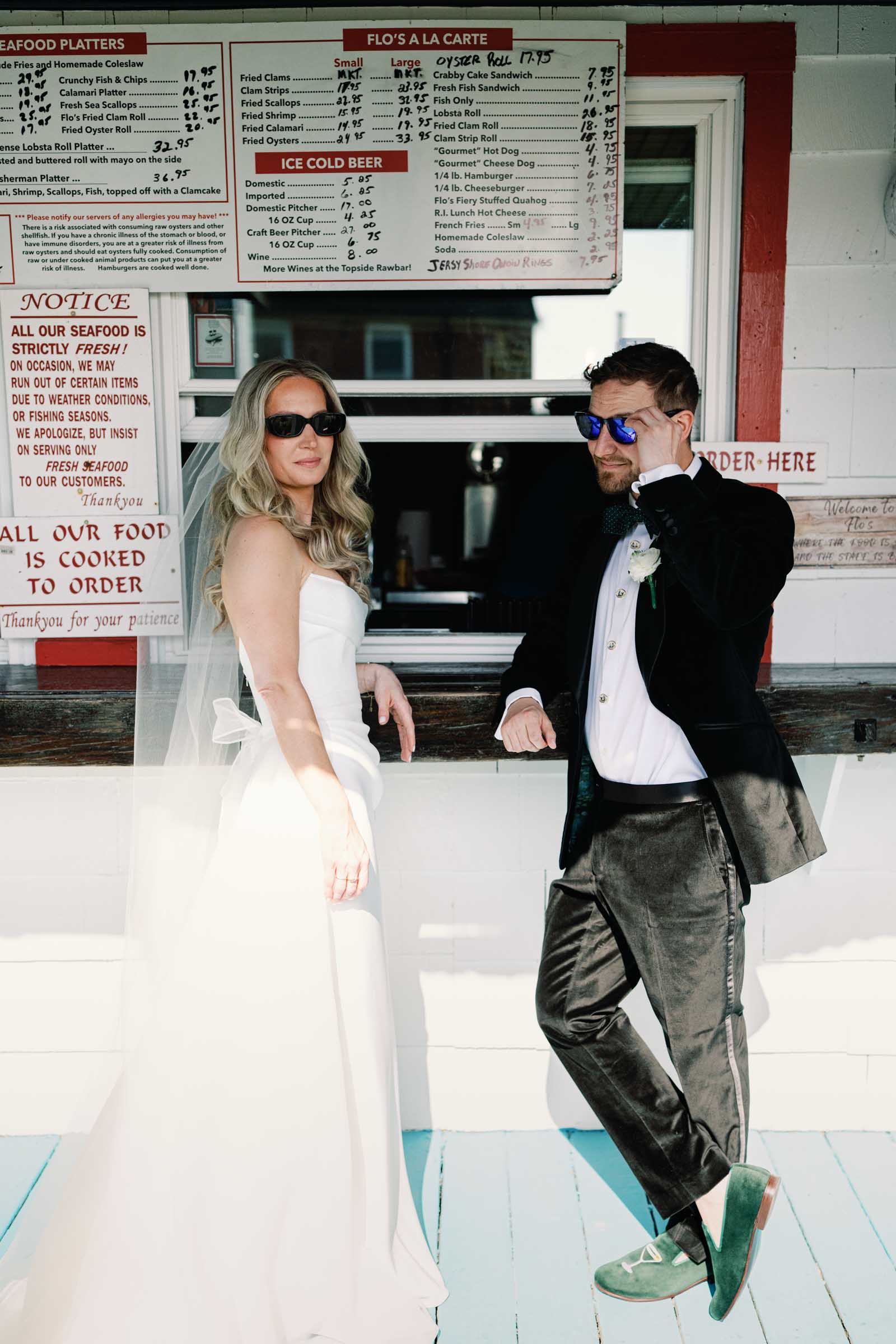 Bride and groom at Flos Clam Shack in Newport Rhode Island