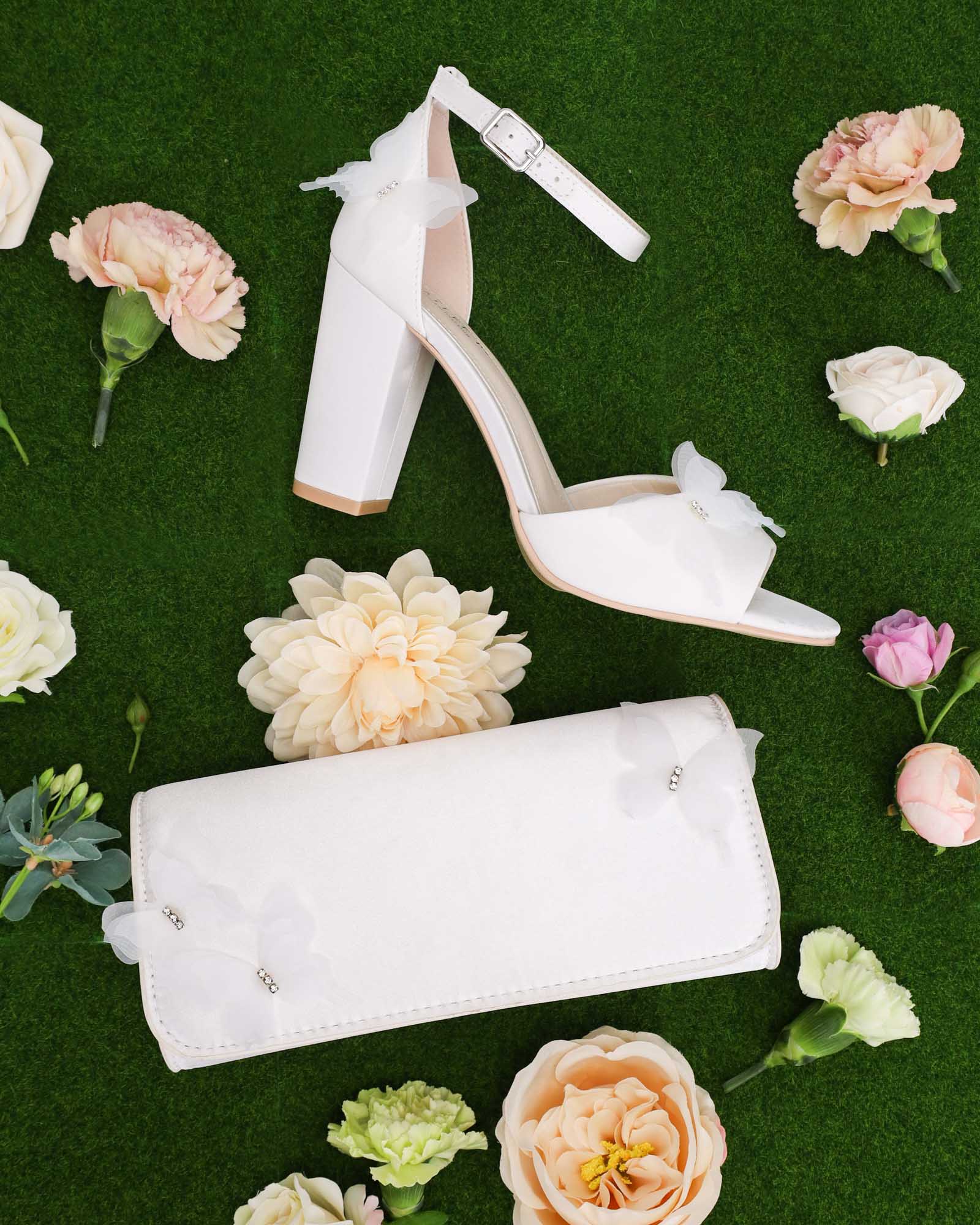 Matching block heel bridal shoes with 3D butterflies and hand bag from Kailee P