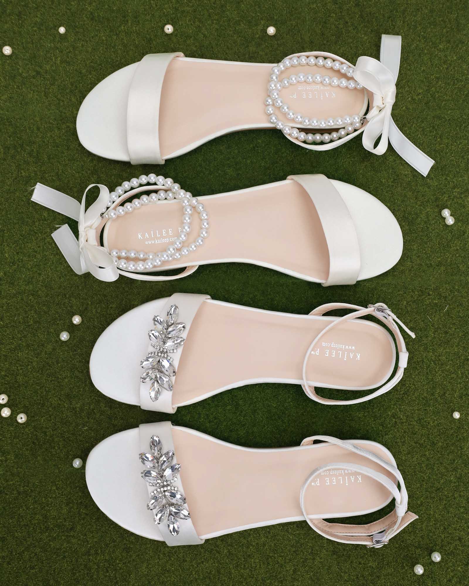 Bridal flats with customizable pearl ankle strap and crystal embellishments from Kailee P